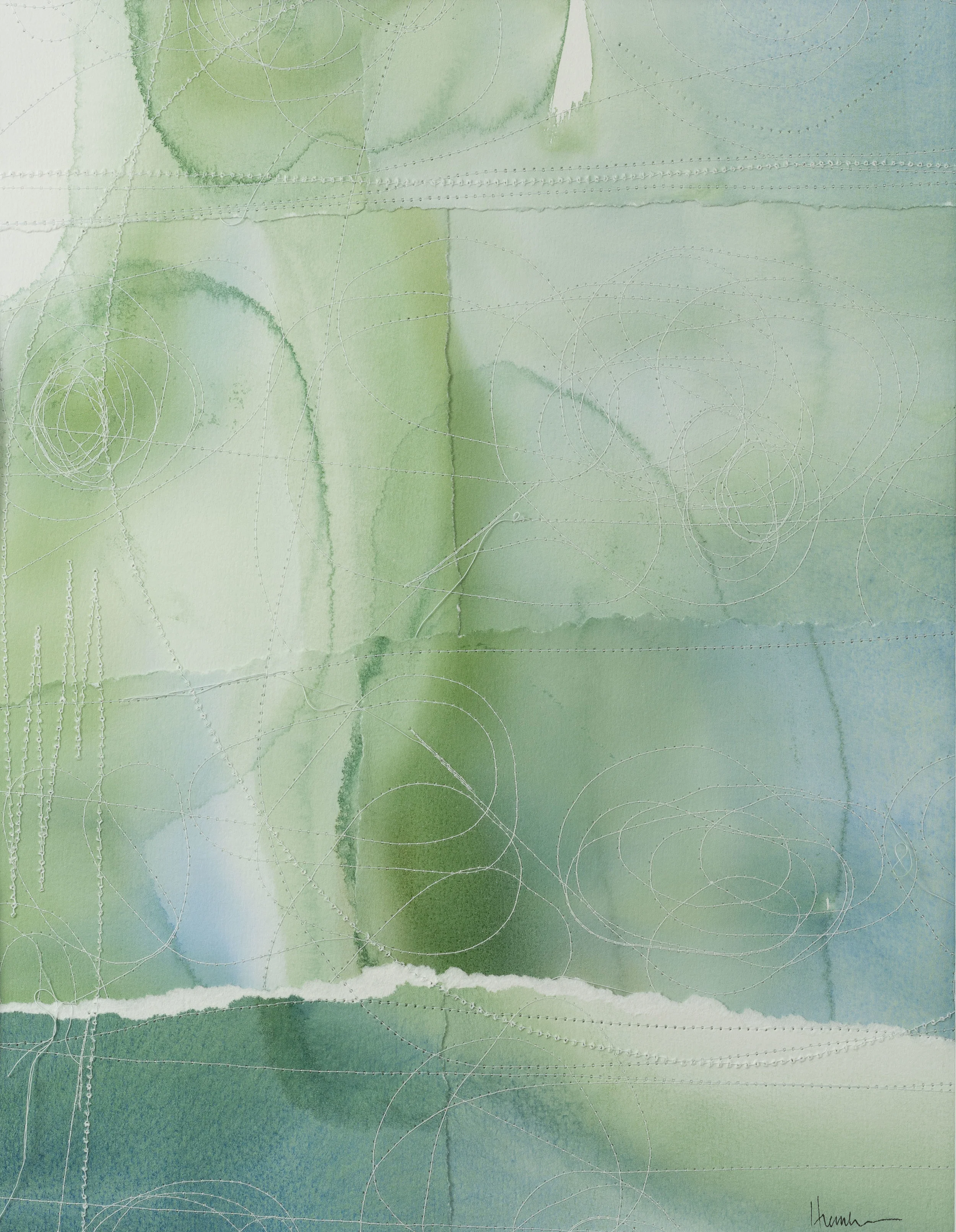 I want to swim in the neighbour’s pool Watercolour & thread on watercolour paper 10.5” x 13.5” Jessica Hiemstra, 2019 485$