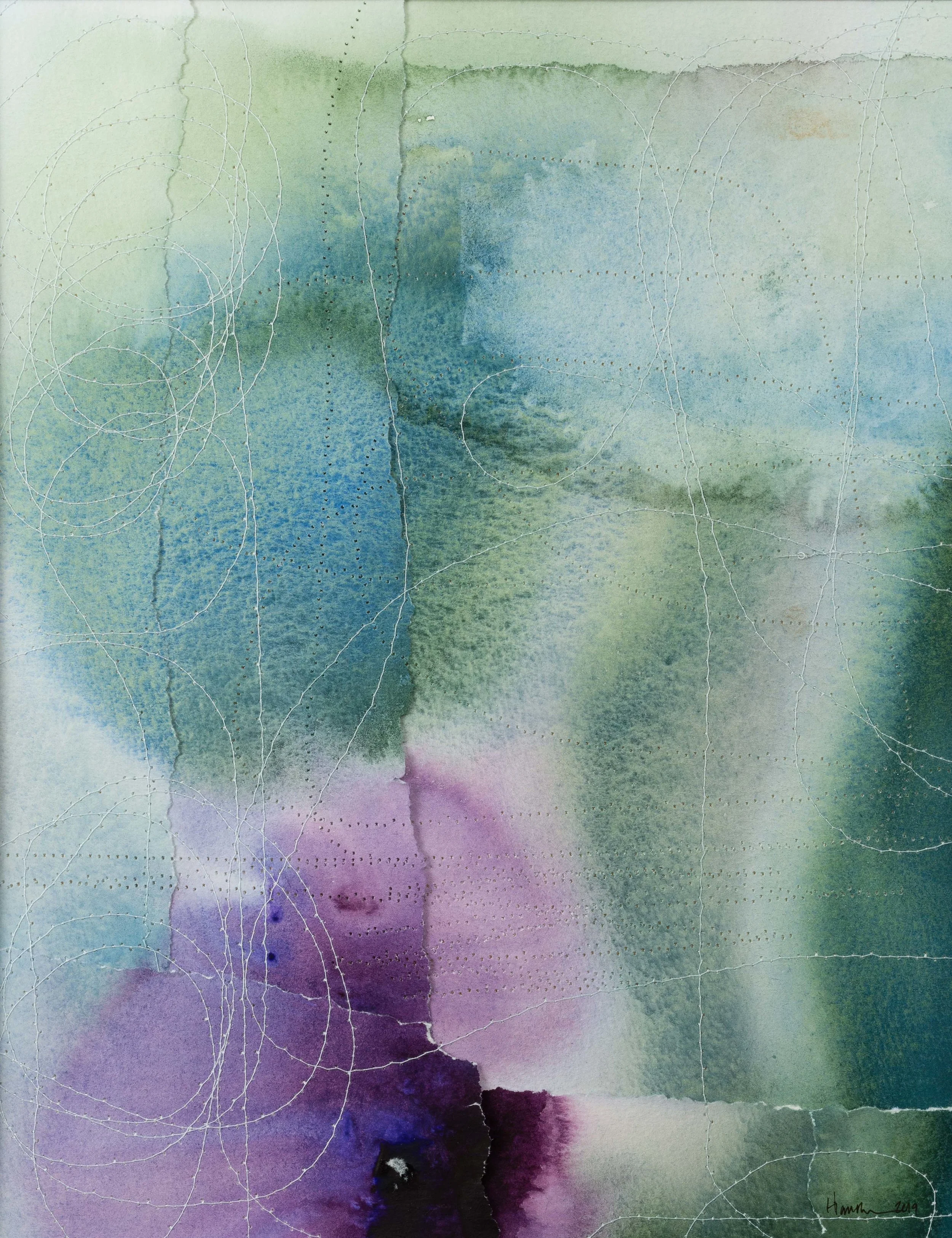 I got lost on my way to the place where you found me Watercolour & thread on watercolour 10.5” x 13.5“ Jessica Hiemstra, 2019 485$