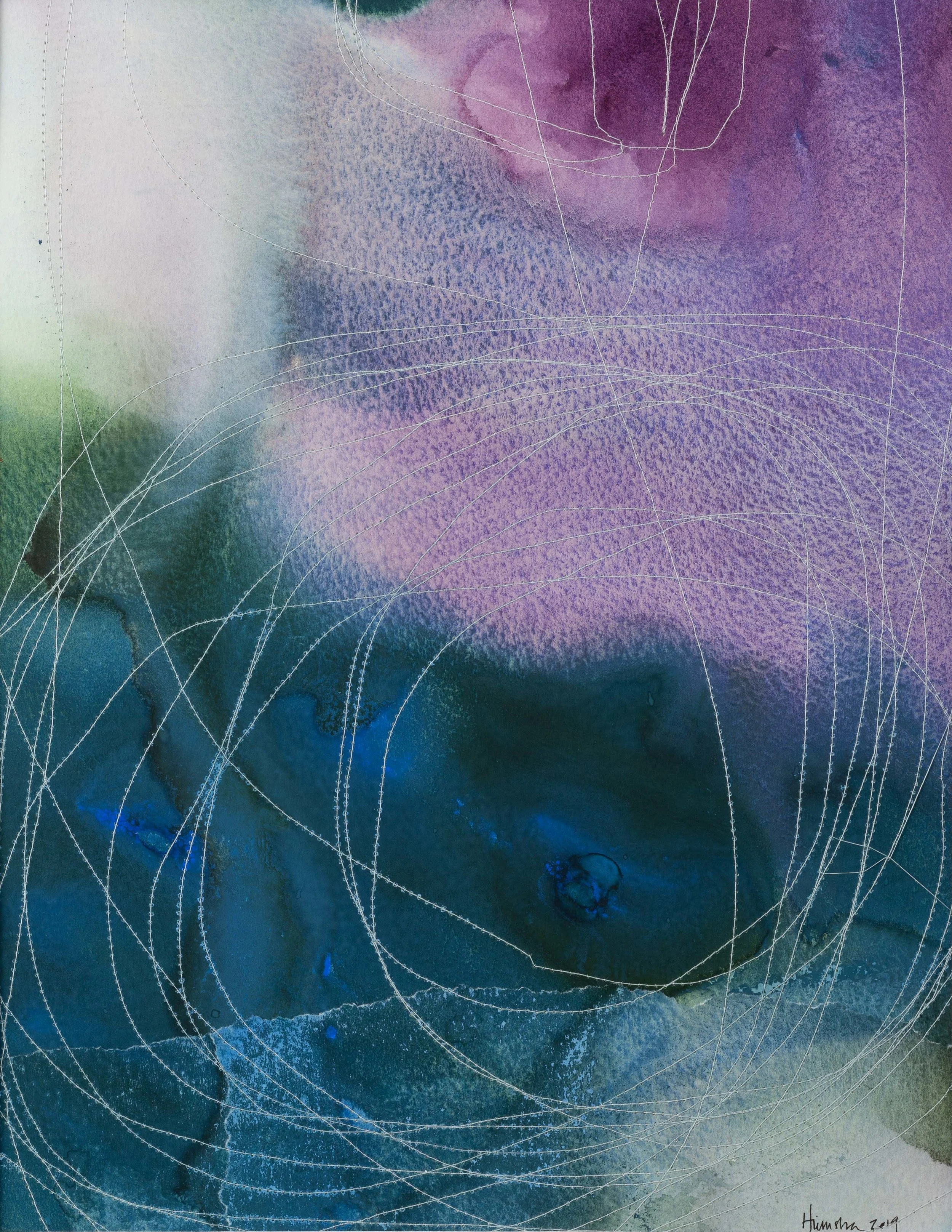 Whales sing to each other across barges Watercolour & thread on watercolour paper 10.5” x 13.5“ Jessica Hiemstra, 2019 485$