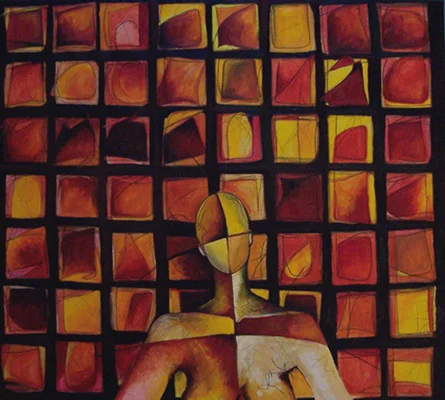 The artist in front of her artwork