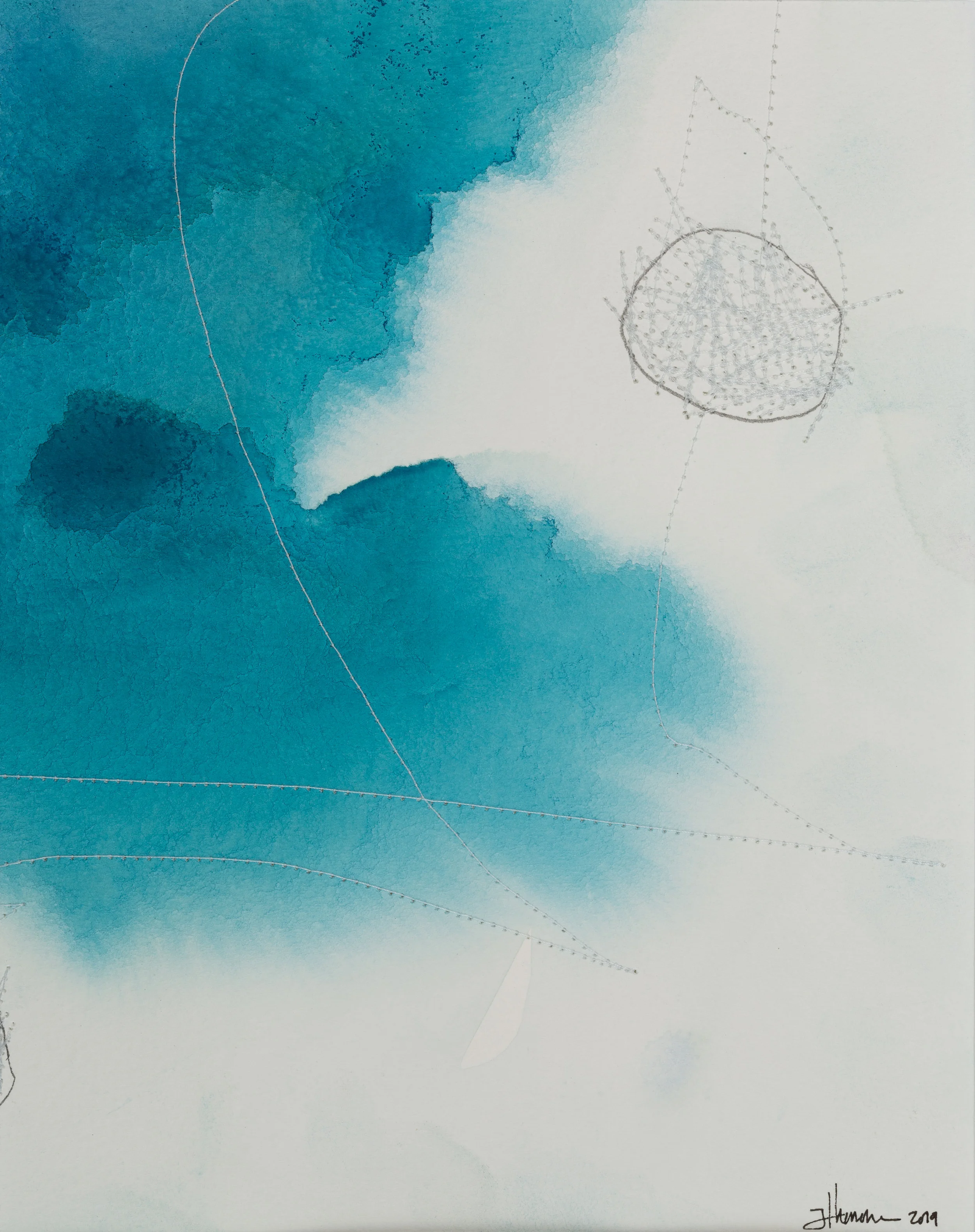 White moon Watercolour, thread & pencil on paper 7.5” x 9.5” Jessica Hiemstra, 2019 345$