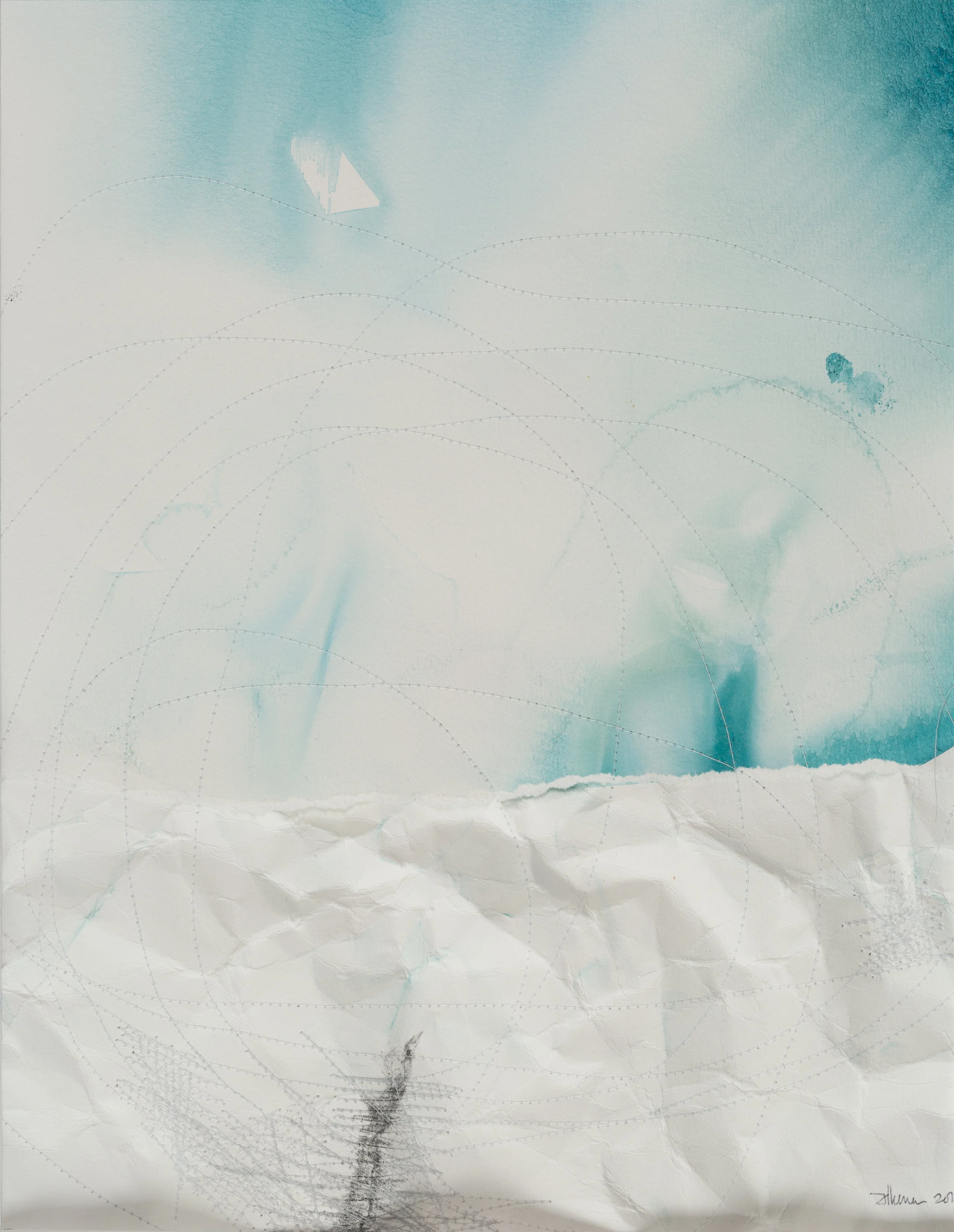Stand with me on shore Watercolour, thread & pencil on paper 10.5” x 13.5” Jessica Hiemstra, 2019 485$