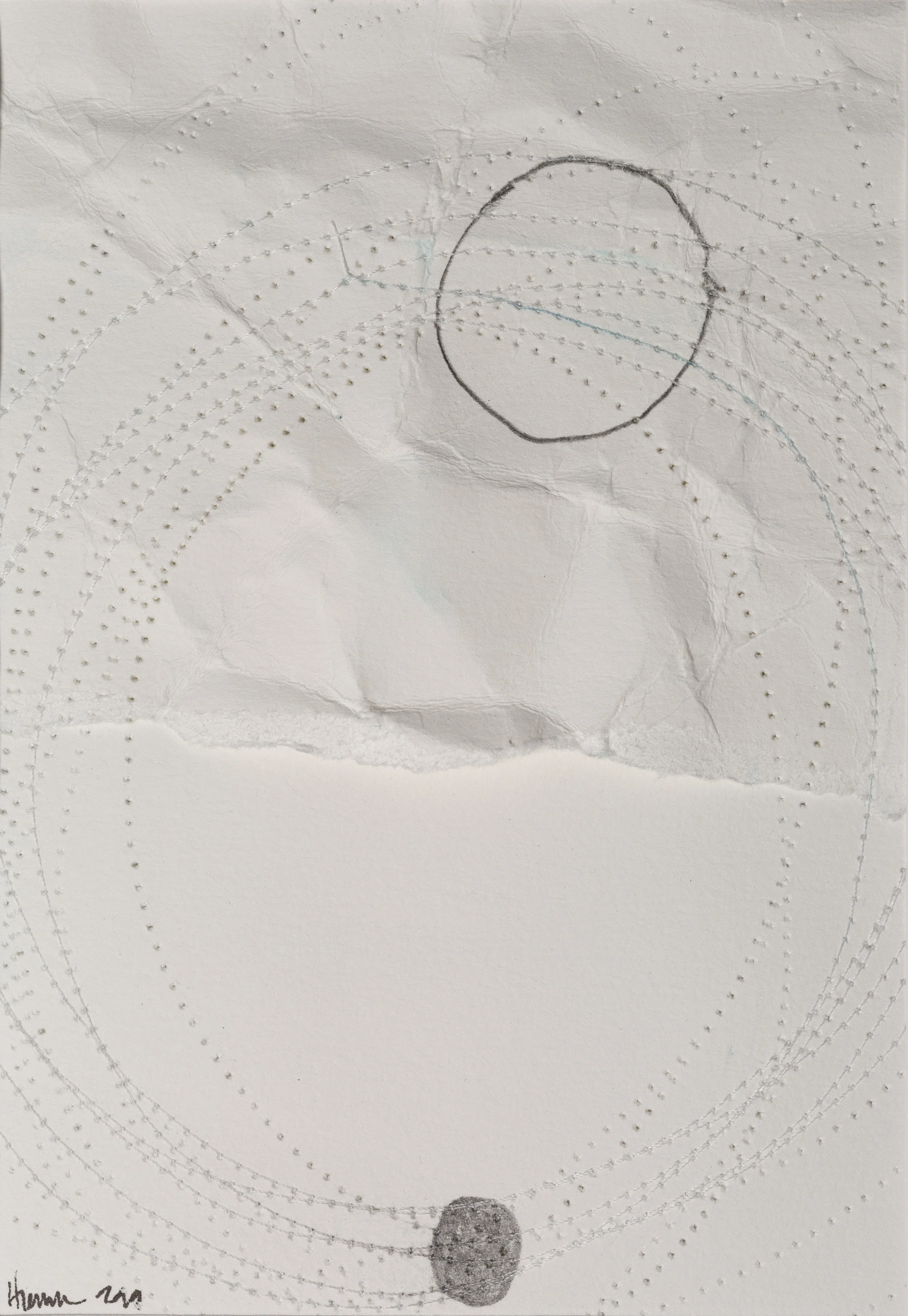 You and me Pencil & thread on watercolour paper 4.5” x 6.5” Jessica Hiemstra, 2019 275$