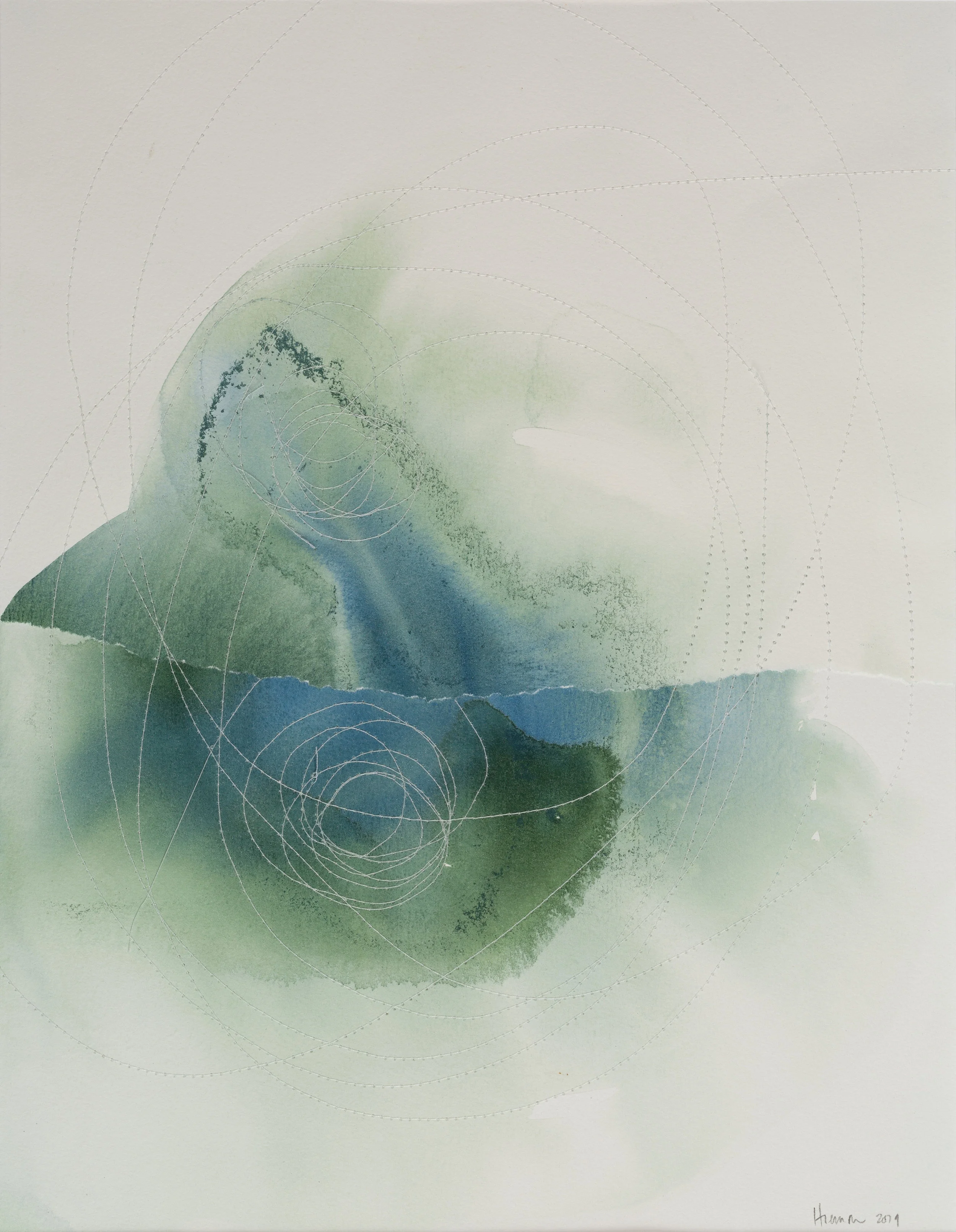 Thaw Watercolour & thread on watercolour paper 10.5” x 13.5” Jessica Hiemstra, 2019 485$