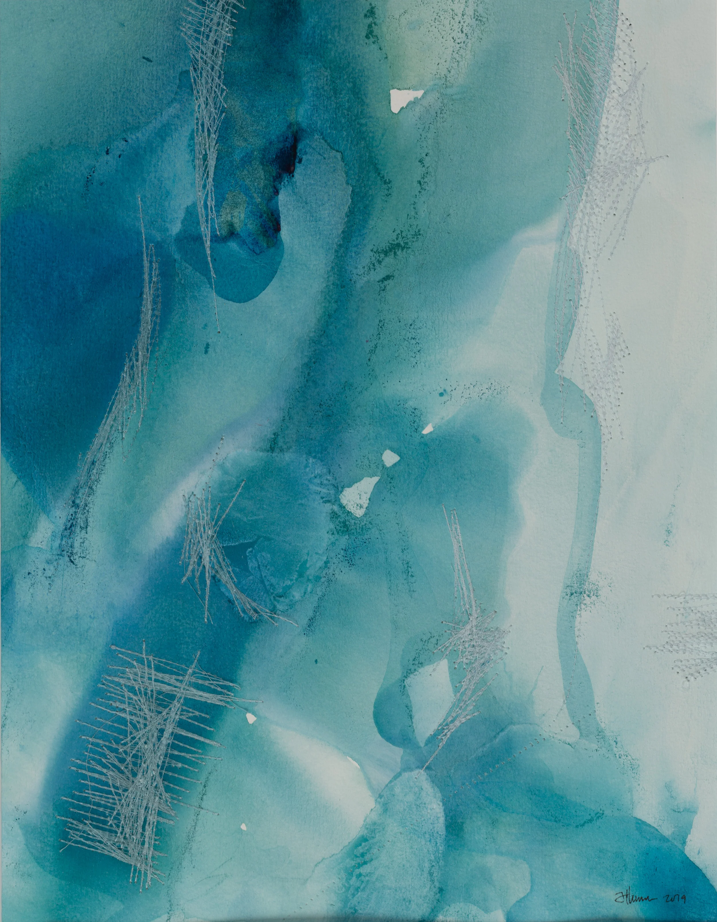 In February we walk on water Watercolour & thread on watercolour paper 10.5” x 13.5” Jessica Hiemstra, 2019 485$