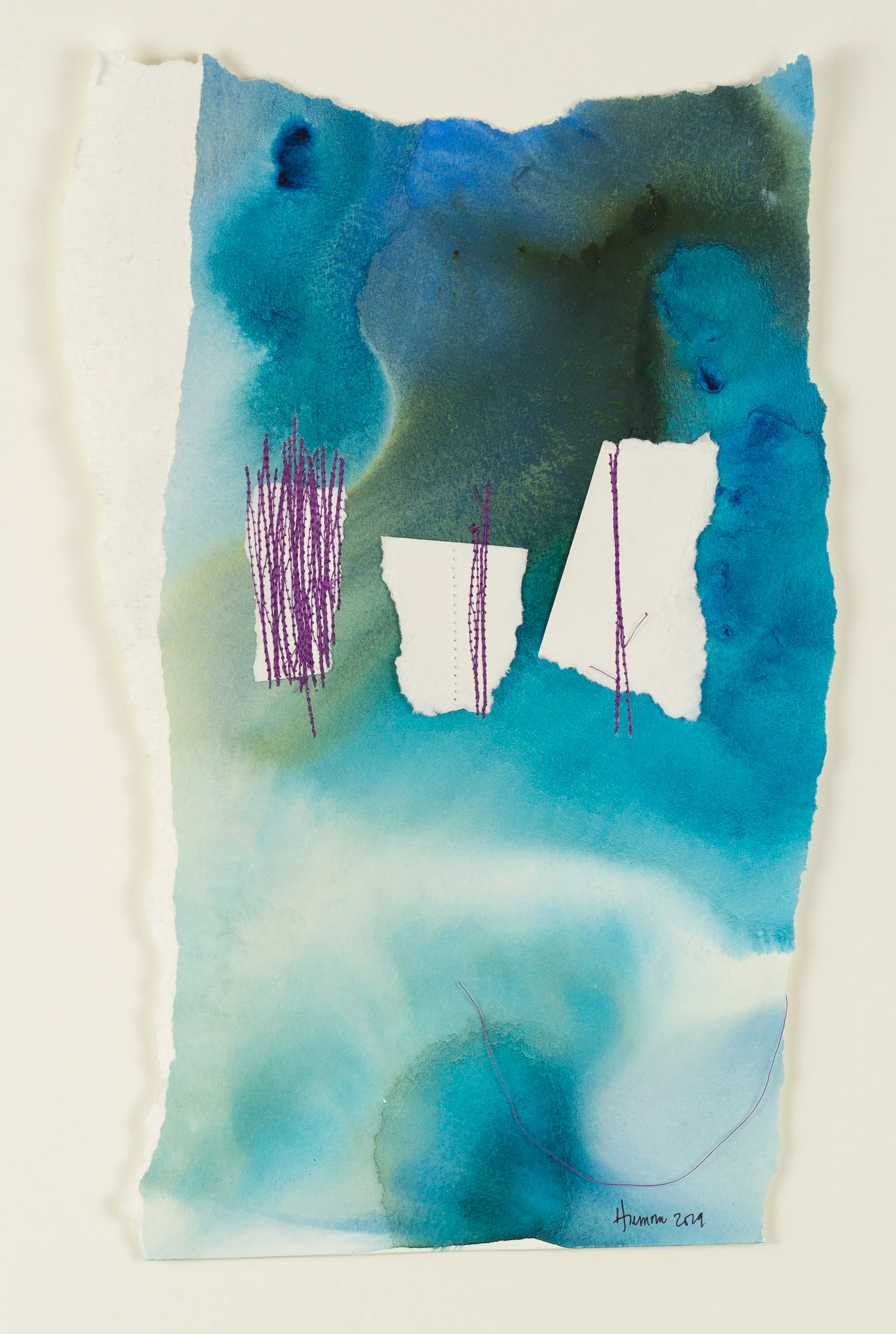 Lights still on in the morning Watercolour & thread on watercolour paper 8.5” x 12.5” Jessica Hiemstra, 2019 275$