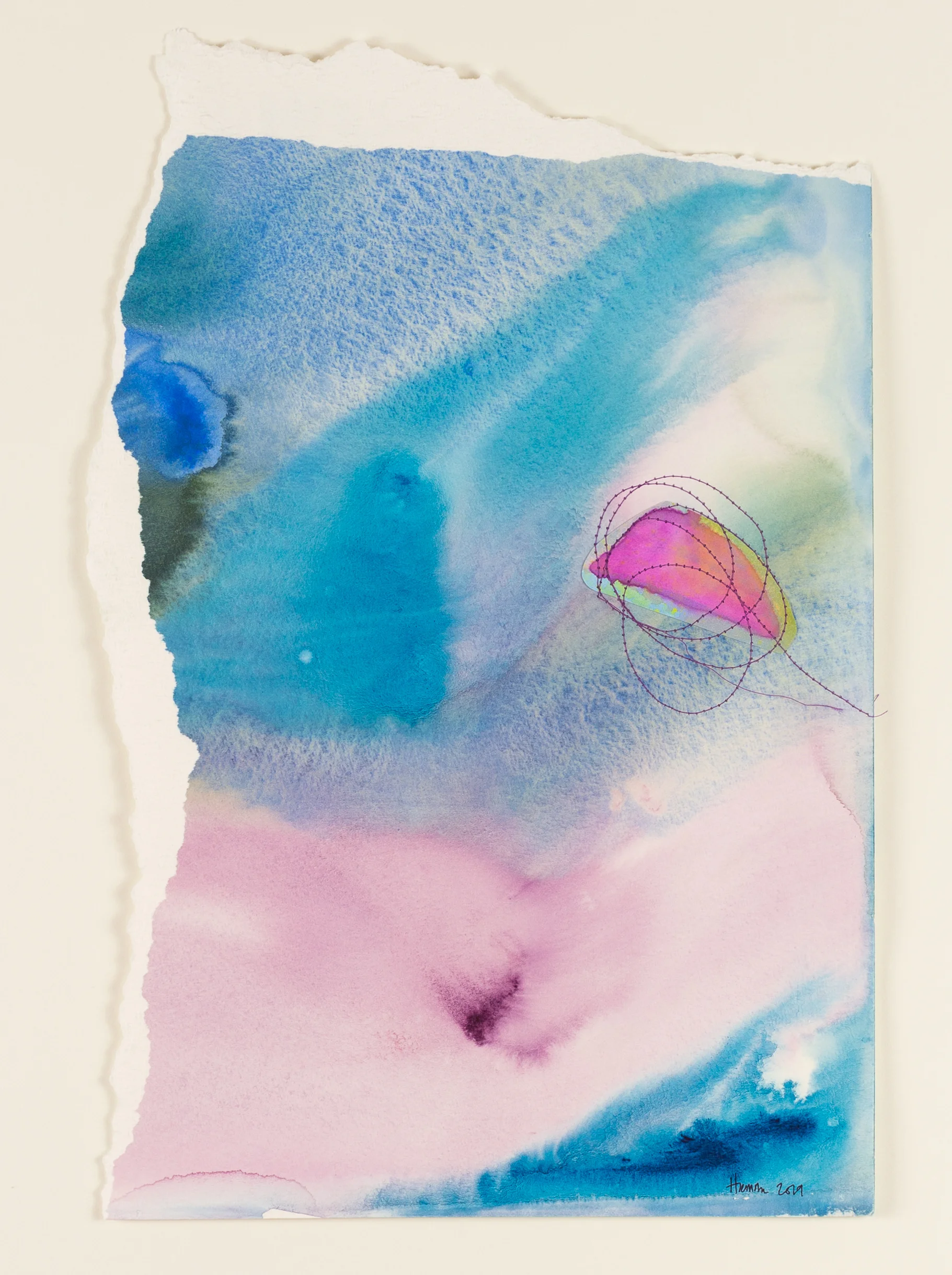 Not a mean bone in her belly Watercolour & thread on watercolour paper 10” x 15” Jessica Hiemstra, 2019 485$