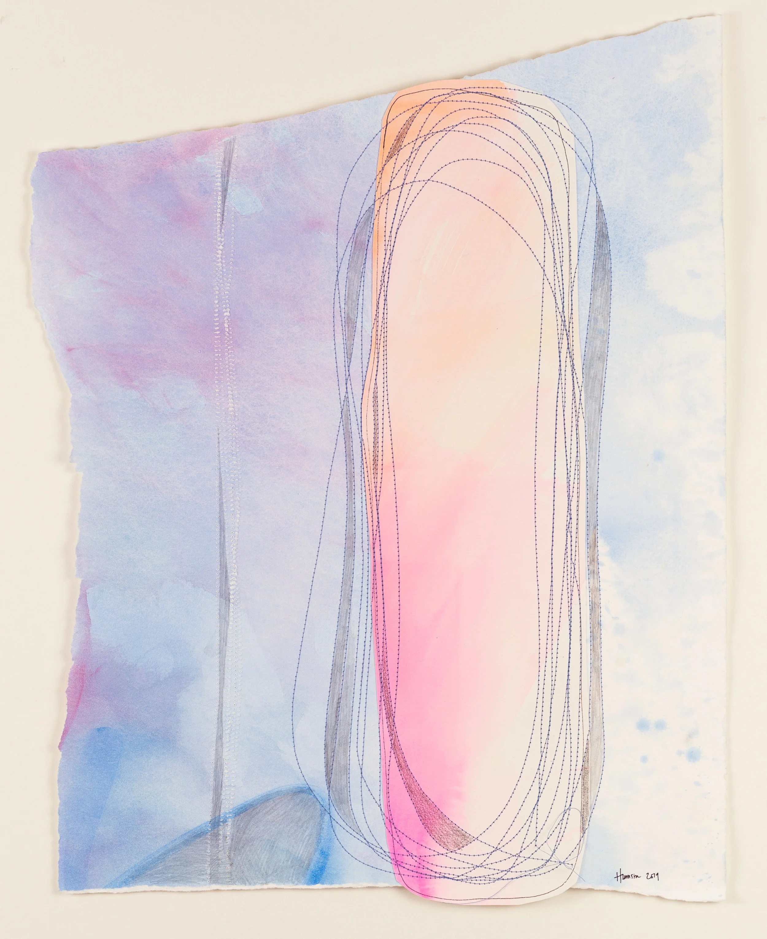 Travelling upward Watercolour & thread on watercolour paper 15” x 20" Jessica Hiemstra, 2019 525$