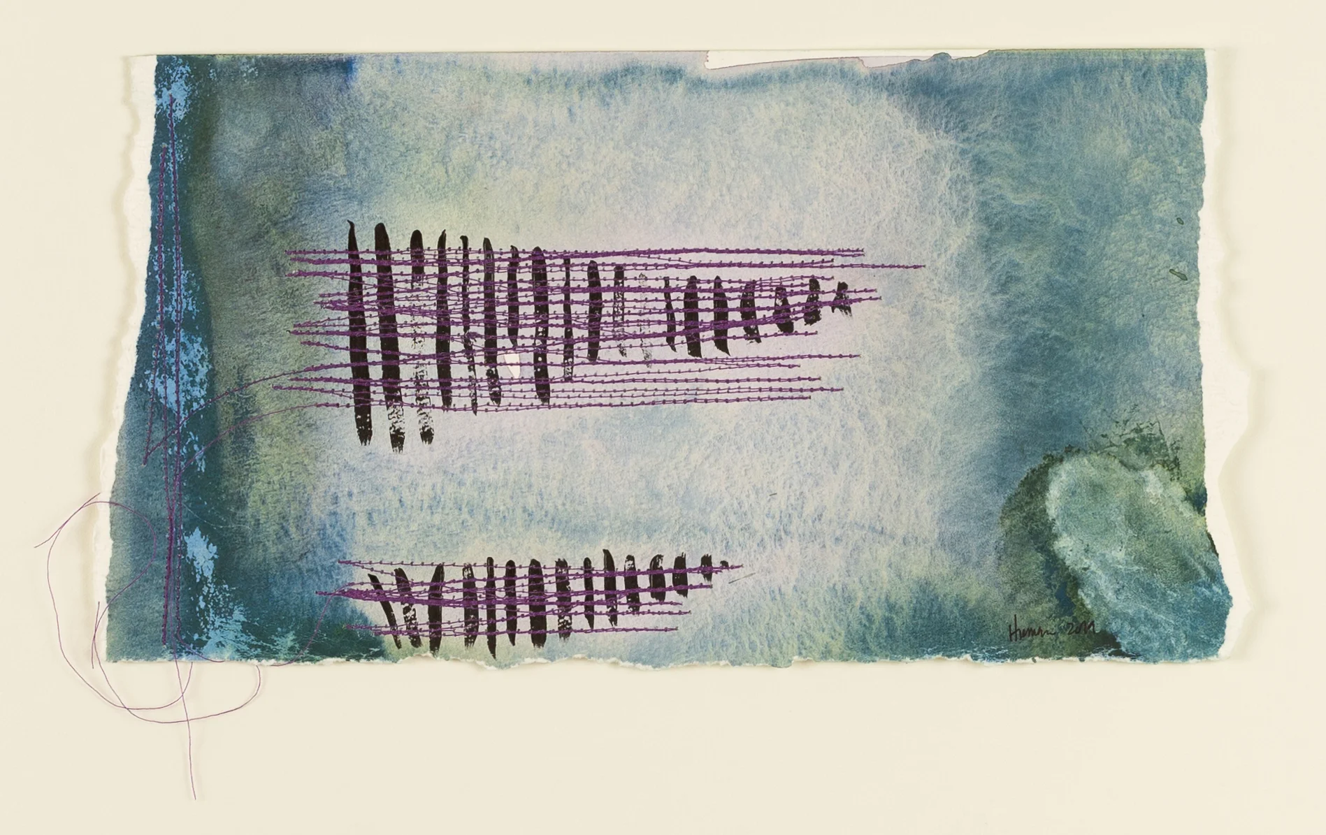 Liner notes for bears Watercolour & thread on watercolour paper 11” x 6” Jessica Hiemstra, 2019 375$