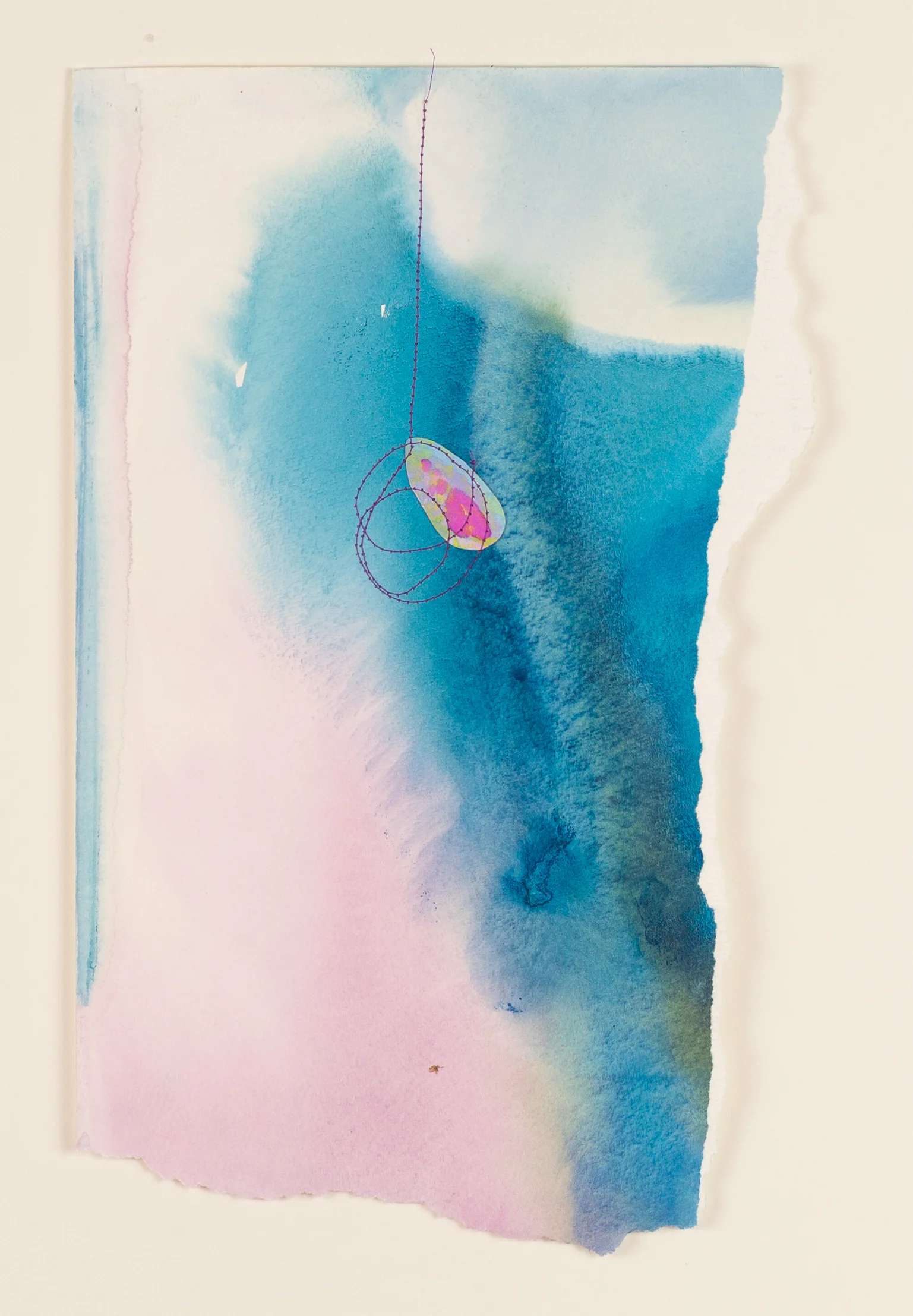 How I want to feel about dying Watercolour & thread on watercolour paper 8.5” x 13.5” Jessica Hiemstra, 2019 375$
