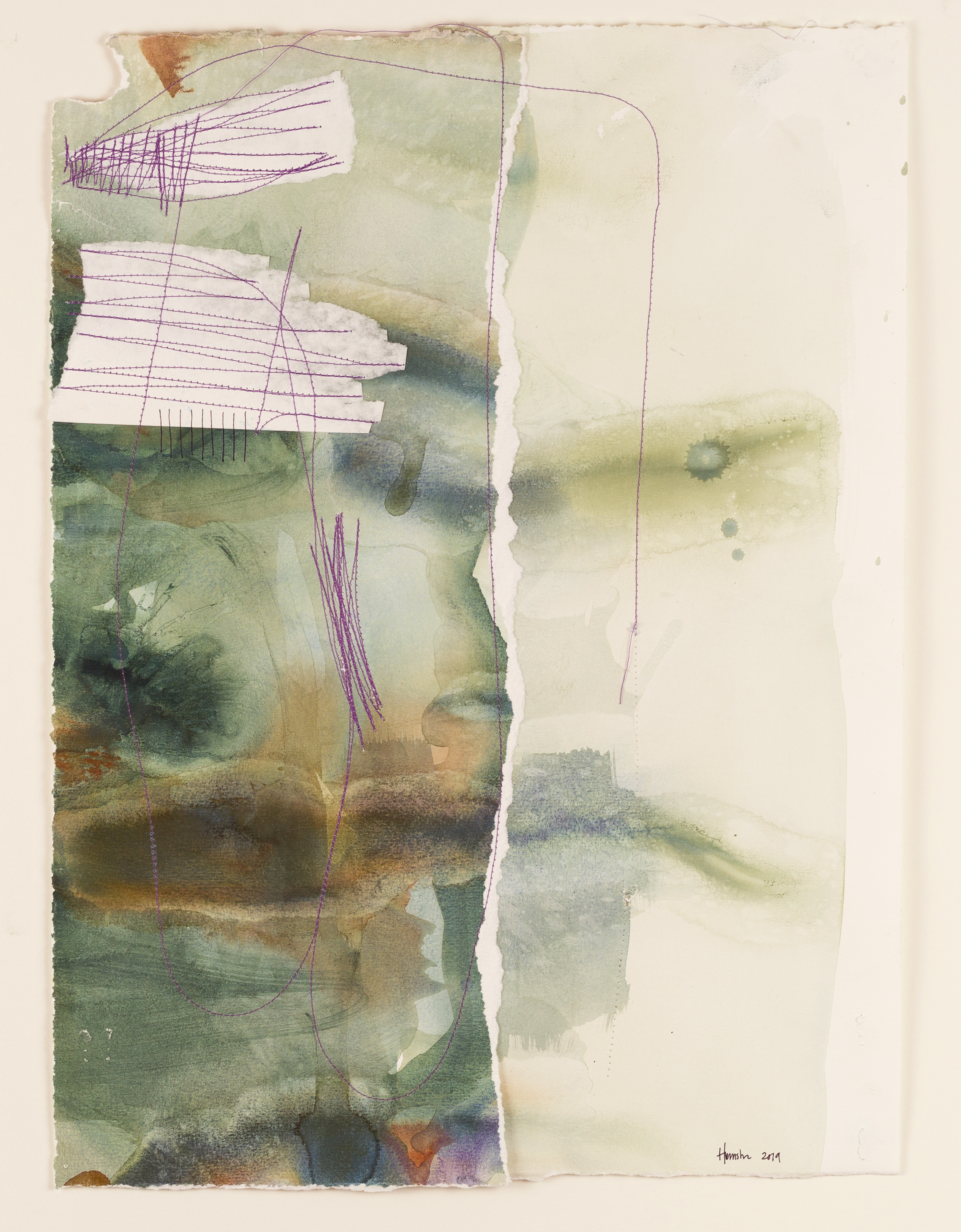 Song for a small moose Watercolour & thread on watercolour paper 13.5” x 18” Jessica Hiemstra, 2019 525$