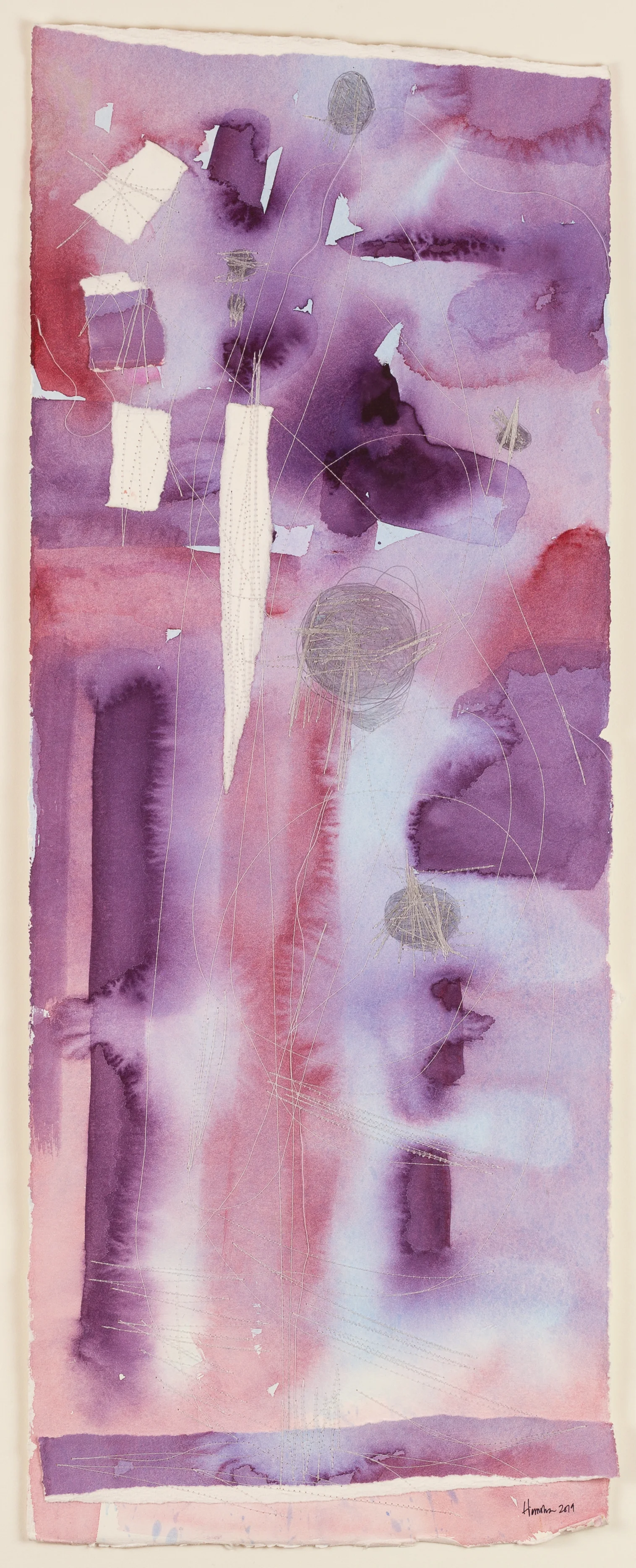 I want to talk like a guitar Watercolour & thread on watercolour paper 10.5” x 27” Jessica Hiemstra, 2019 525$