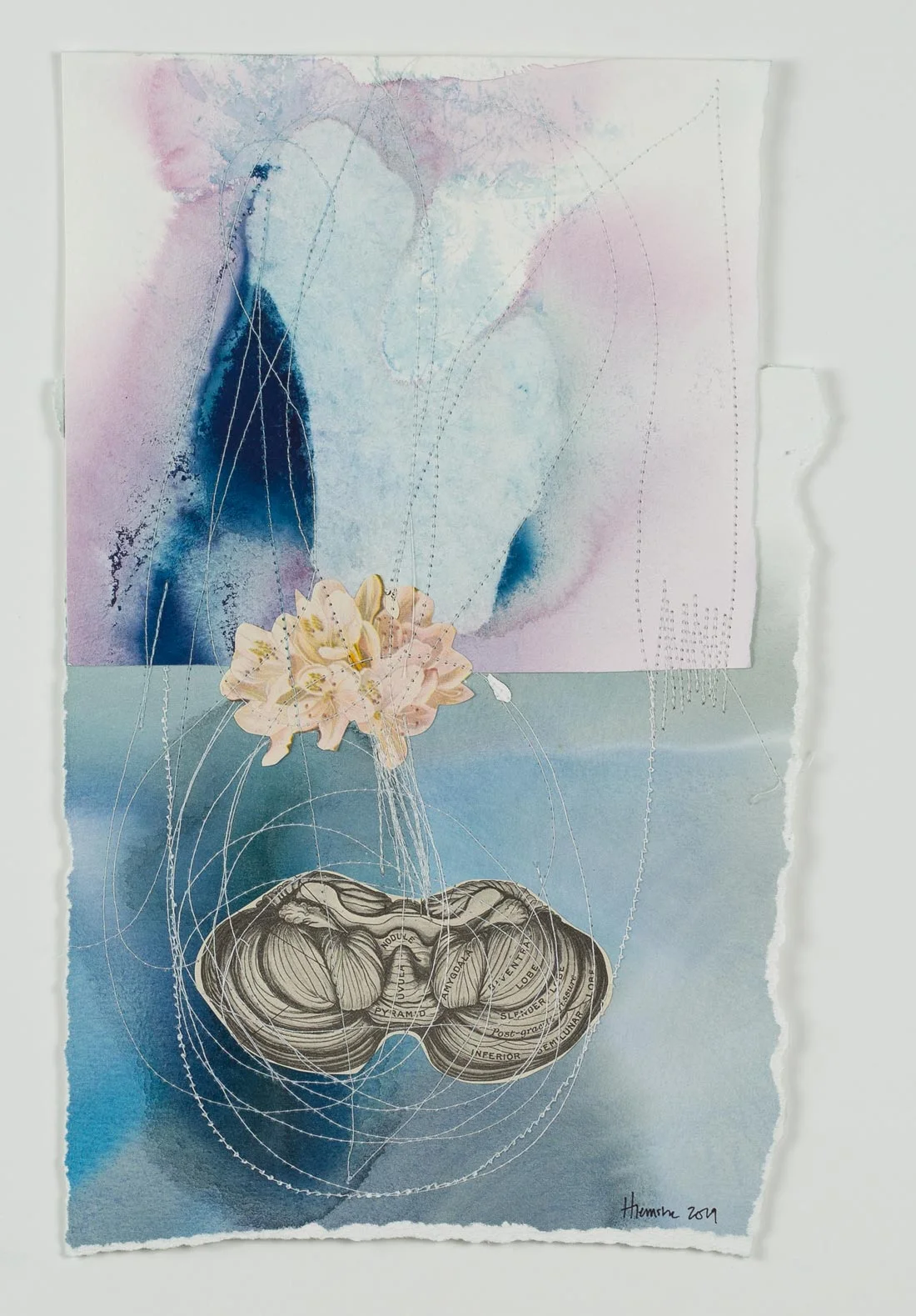 For Rachel Mixed Media (watercolour, thread, collage on paper) 7.5” x 12” Jessica Hiemstra, 2019 $295