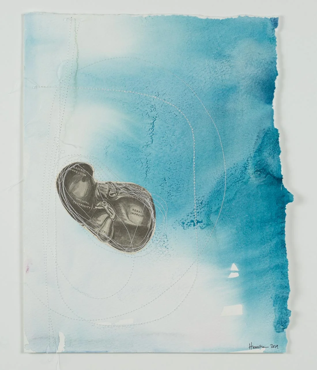 Put it out of your mind Mixed Media (watercolour, thread, collage on paper) 9.5” x 12” Jessica Hiemstra, 2019 $300