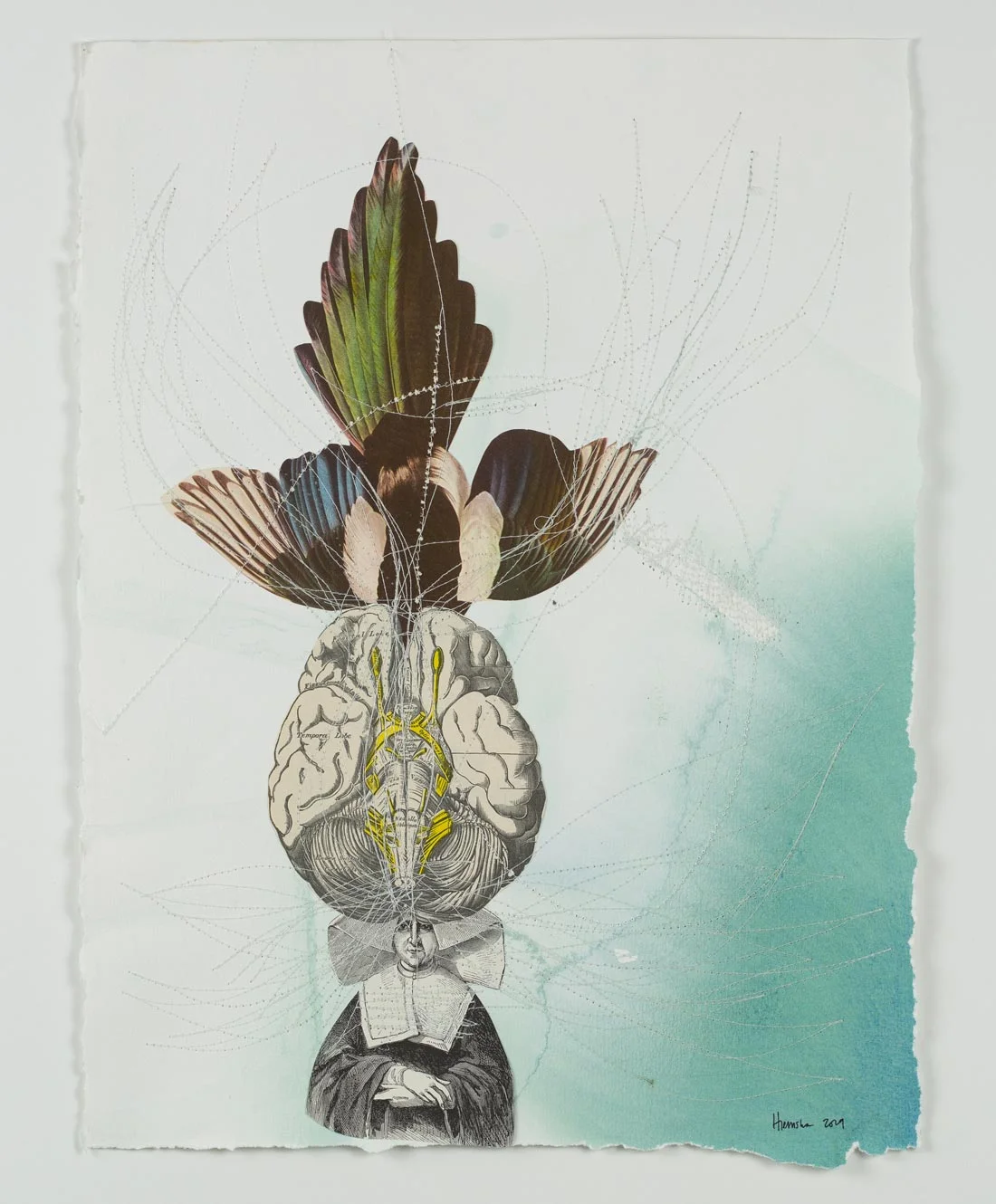 Cloistered Mixed Media (watercolour, thread, collage on paper) 11” x 15.5” Jessica Hiemstra, 2019 $525