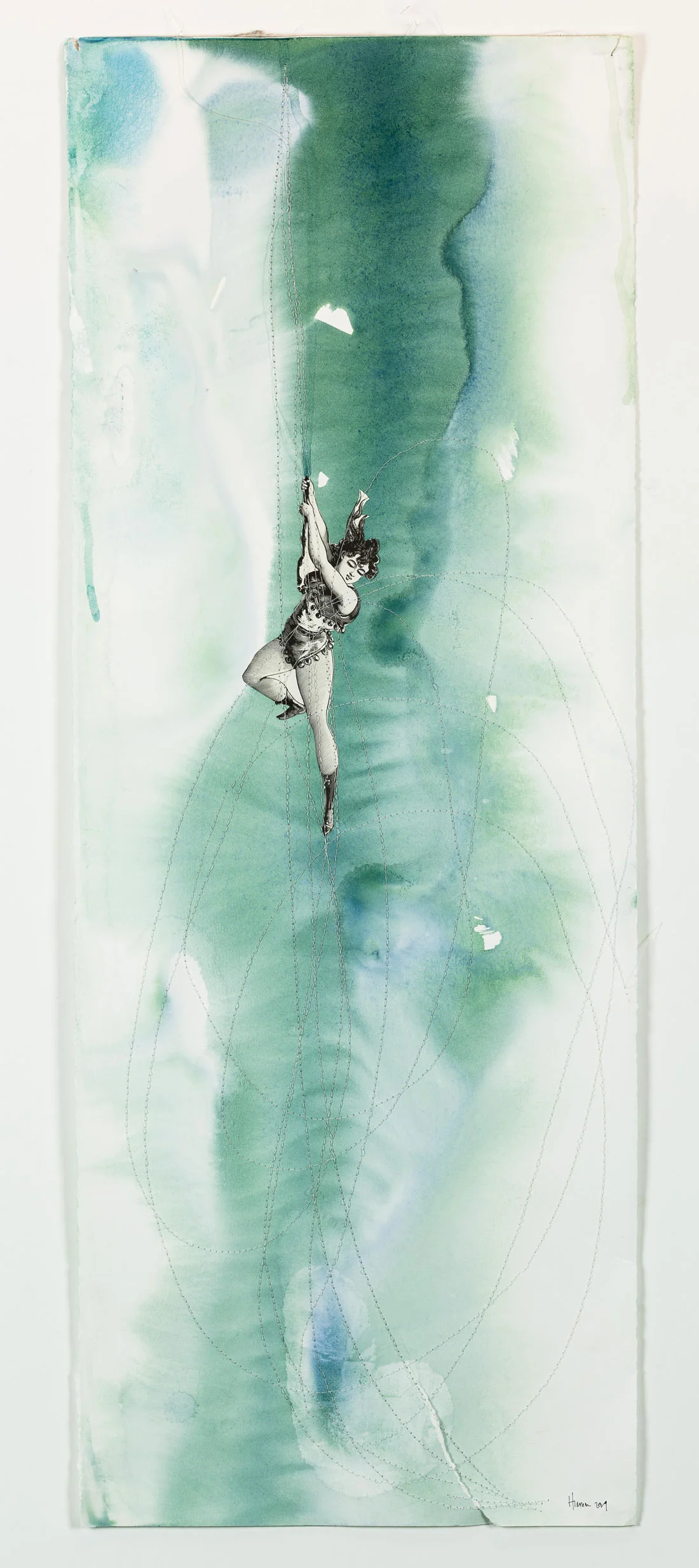 Spine Mixed Media (watercolour, thread, collage on paper) 11” x 30” Jessica Hiemstra, 2019 $700