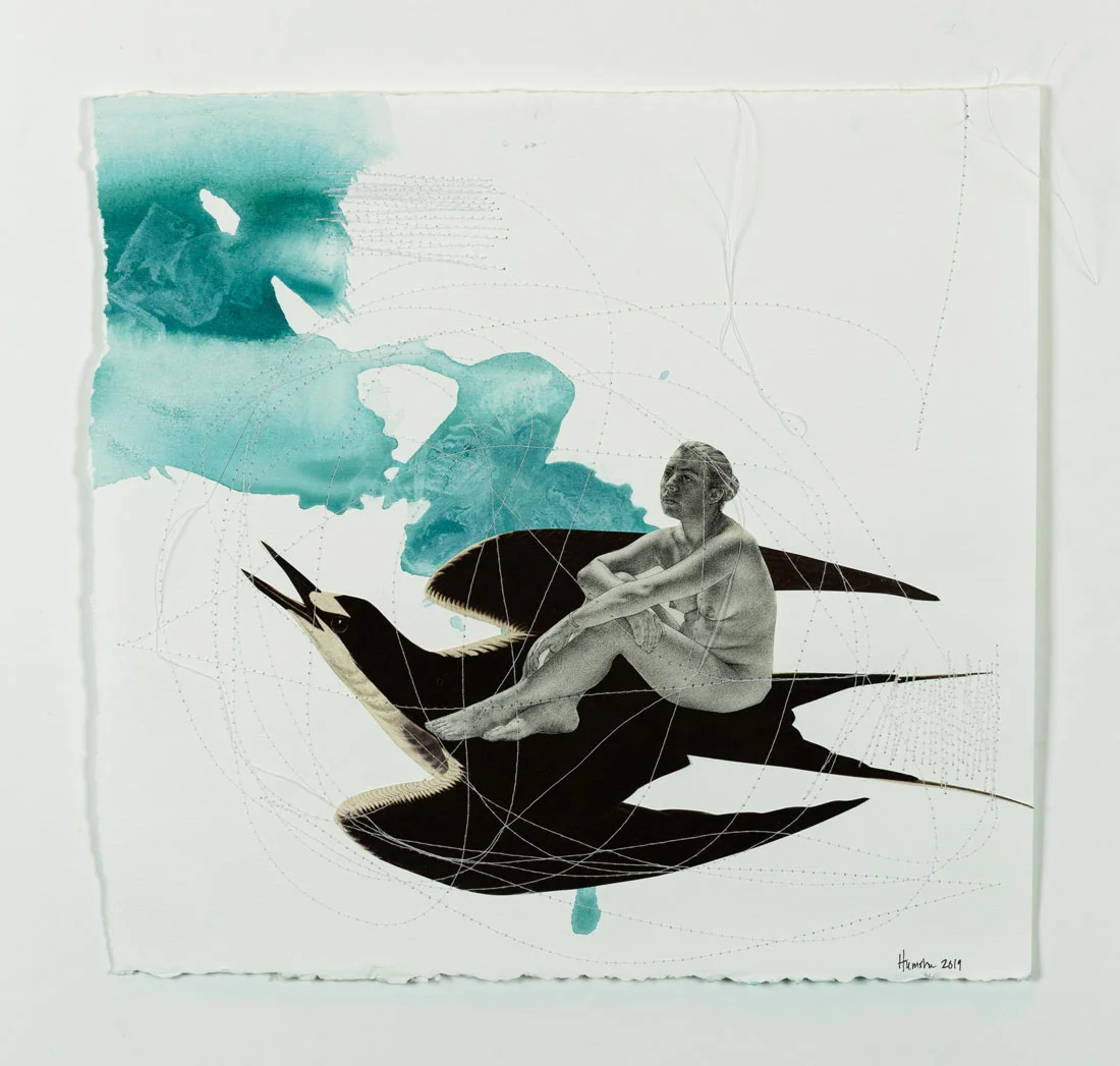 She Took a Sooty Tern Mixed Media (watercolour, thread, collage on paper) 11” x 15” Jessica Hiemstra, 2019 $585