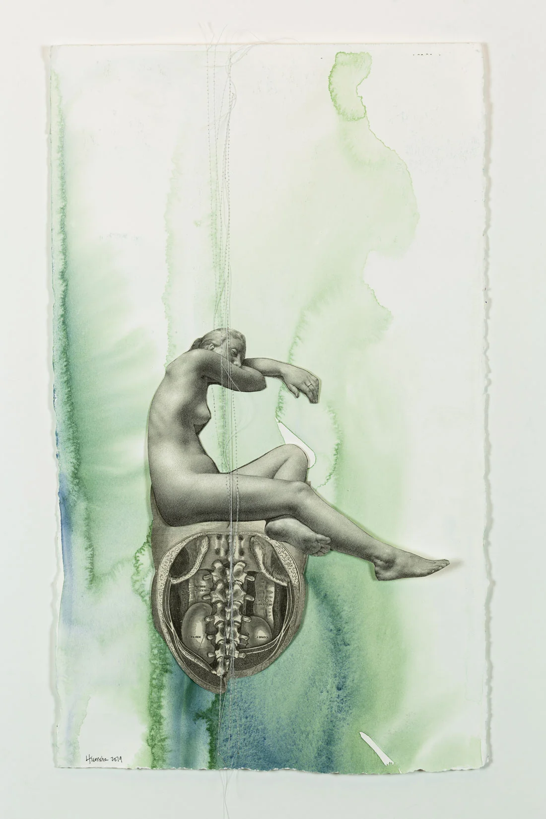 Gemma, Daughter of the Passion Mixed Media (watercolour, thread, collage on paper) 11” x 18” Jessica Hiemstra, 2019 $600