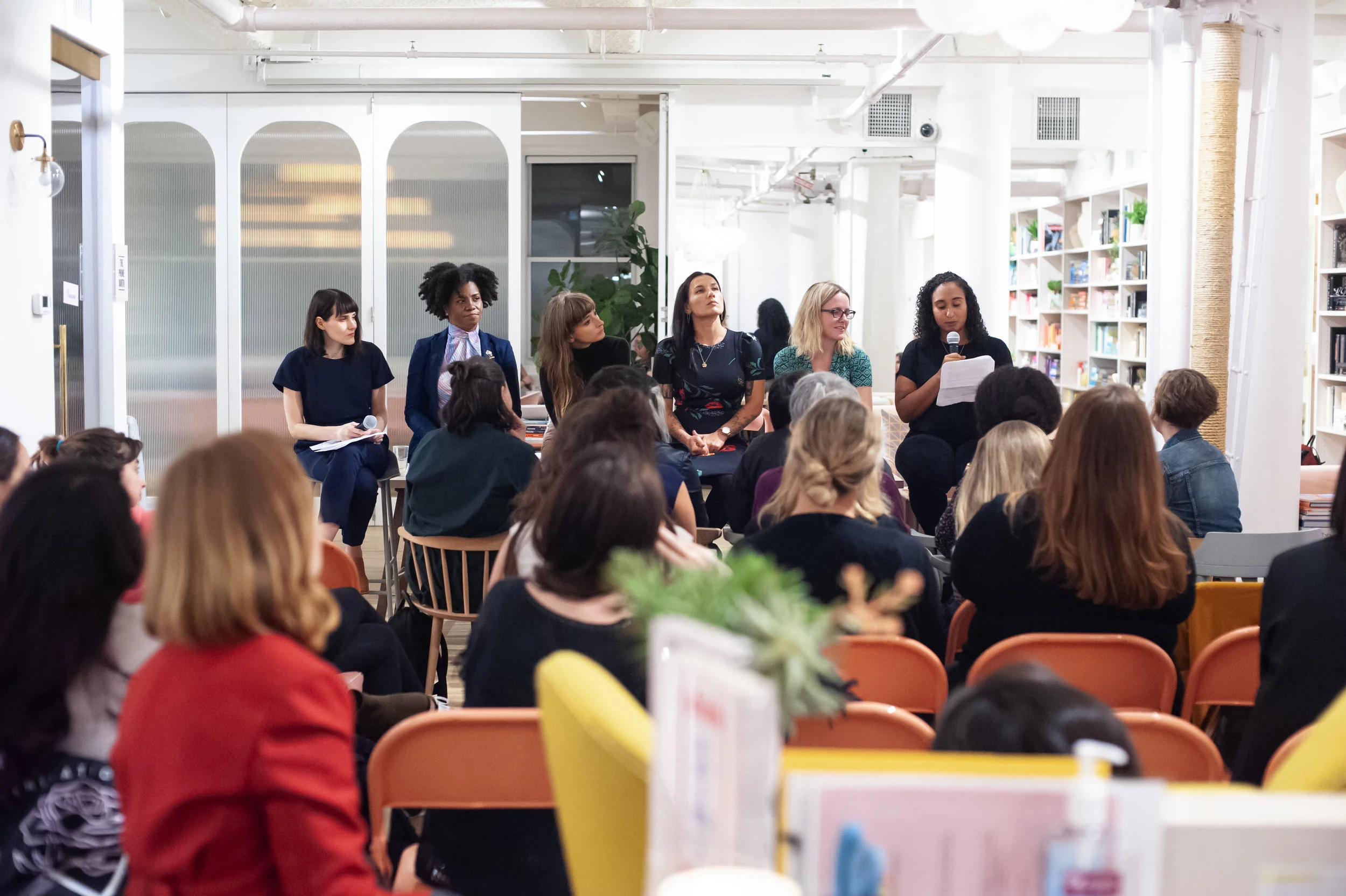 From Left: Natalka Burian, Freya Project co-founder, and readers Crystal McCreary, Hermione Hoby, Melissa Febos, Michele Filgate, and Naima Coster. Photo by Keira Chang.