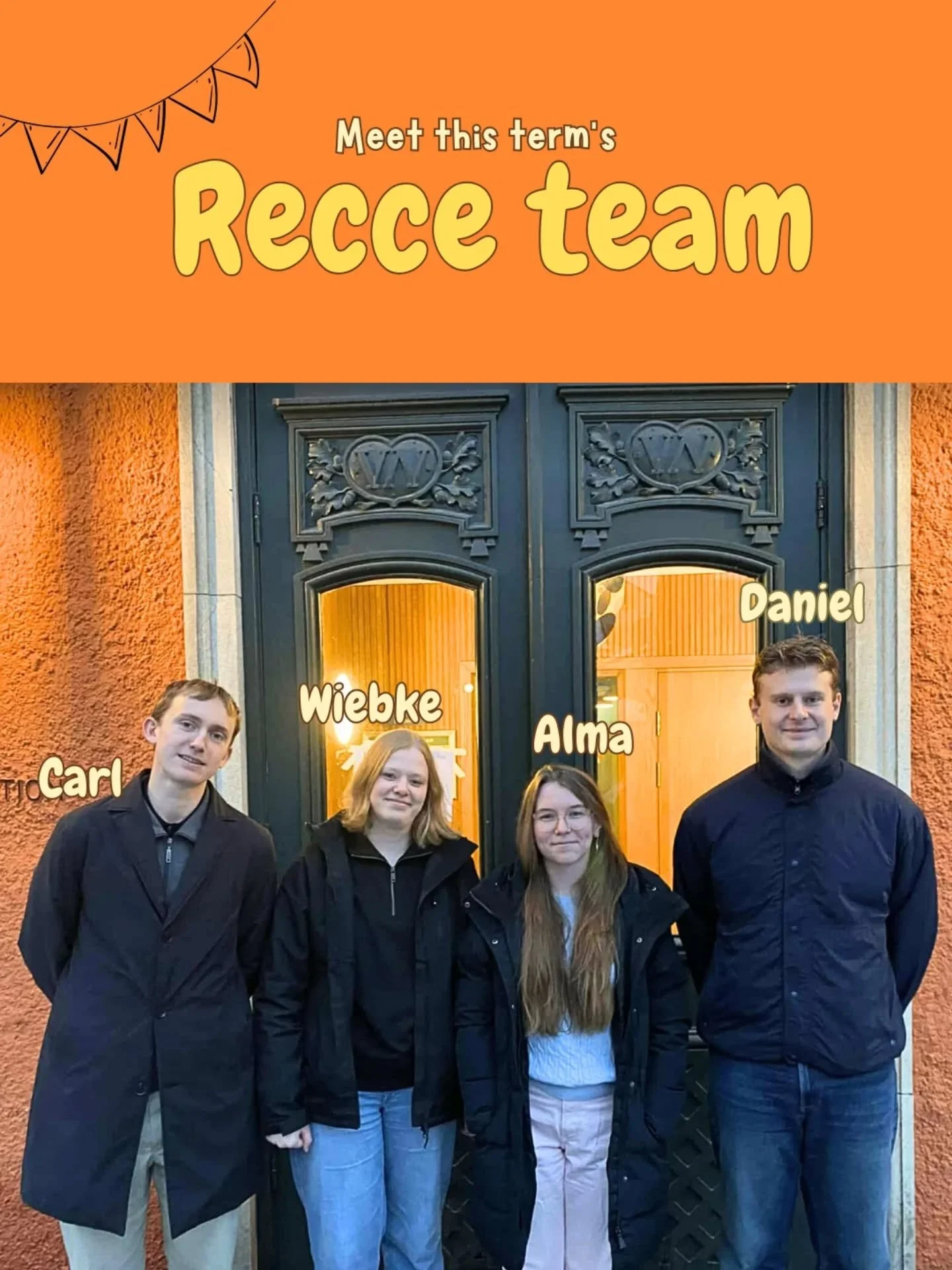*English below*

M&ouml;t den h&auml;r terminens recceteam!🌟

De &auml;r h&auml;r f&ouml;r att v&auml;lkomna nya studenter till V&auml;stg&ouml;ta Nation och Uppsala och planera roliga evenemang f&ouml;r alla er reccar!

Du hittar dem under inskrivn