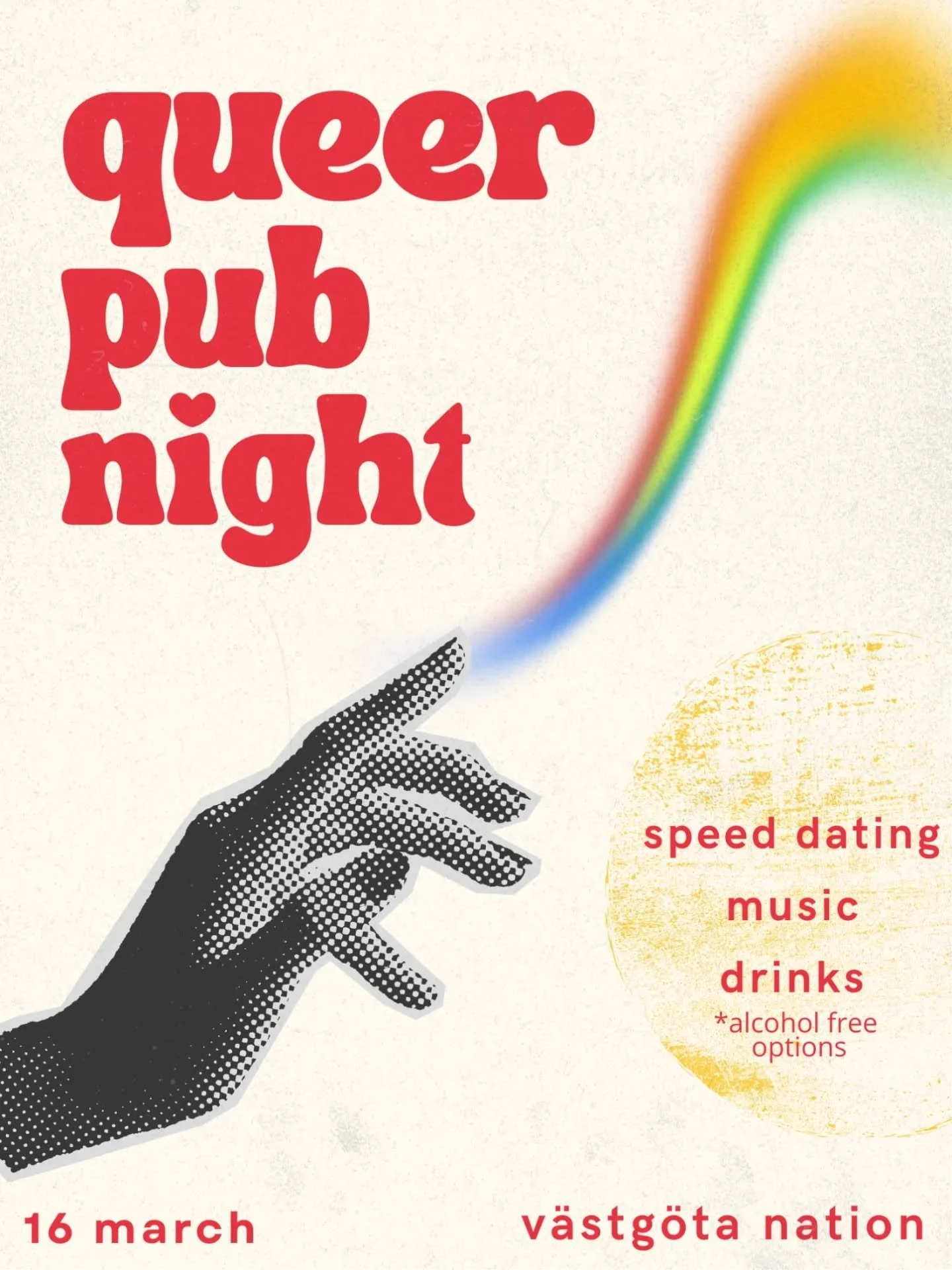 Den 16/3 &auml;r det ingen vanlig kv&auml;ll, det &auml;r &auml;ntligen queerpub p&aring; V&auml;stg&ouml;ta nation! ✨️🍹

Kom och njut av underbart s&auml;llskap, bra musik, uppfriskande drinkar och god mat! Dessutom kommer vi under kv&auml;llen h&a