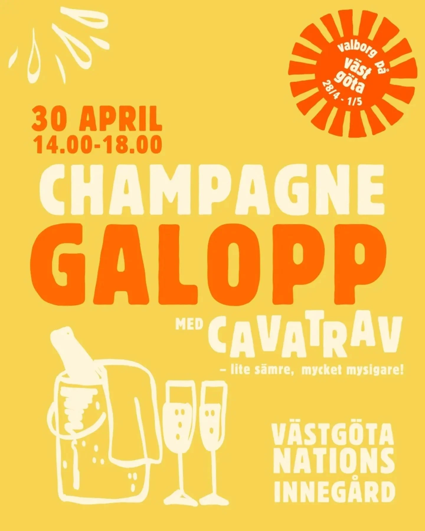 *English below 
Nu &auml;r det dags att dr&auml;nkas i champagne, dansa och festa under solen! Tillbringa eftermiddagen med att spruta alkoholhaltiga eller alkoholfria dryck p&aring; varandra p&aring; V&auml;stg&ouml;ta nations innerg&aring;rd. Gl&ou