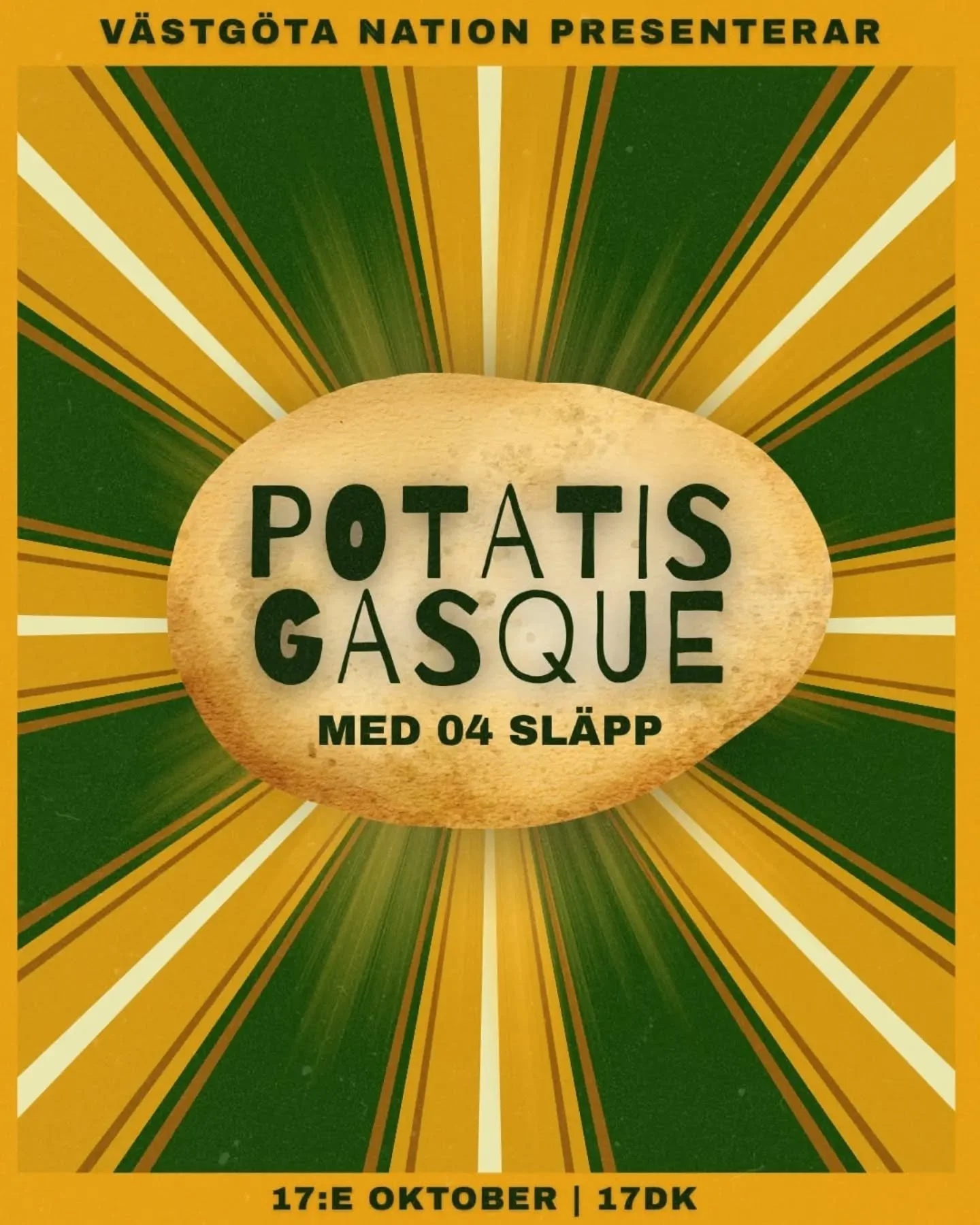 F&ouml;r f&ouml;rsta g&aring;ngen n&aring;gonsin har V&auml;stg&ouml;ta nation &auml;ran att bjuda in till POTATISGASQUE. Varmt v&auml;lkomna till en helkv&auml;ll d&auml;r potatisen f&aring;r st&aring; i centrum. Se fram emot en oslagbar trer&auml;t