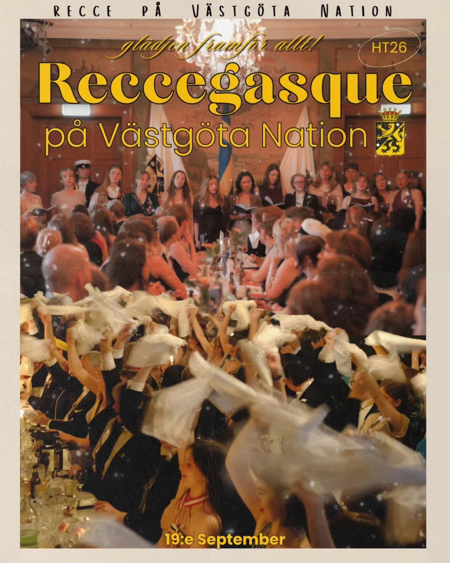[English below]

Den 19:e September &auml;r recceperioden slut och det firar vi med en fantastisk Reccegasque! 
Vi inleder kv&auml;llen med en f&ouml;rdrink 14dk p&aring; nationen, innan vi gemensamt t&aring;gar upp till universitetshuset d&auml;r en