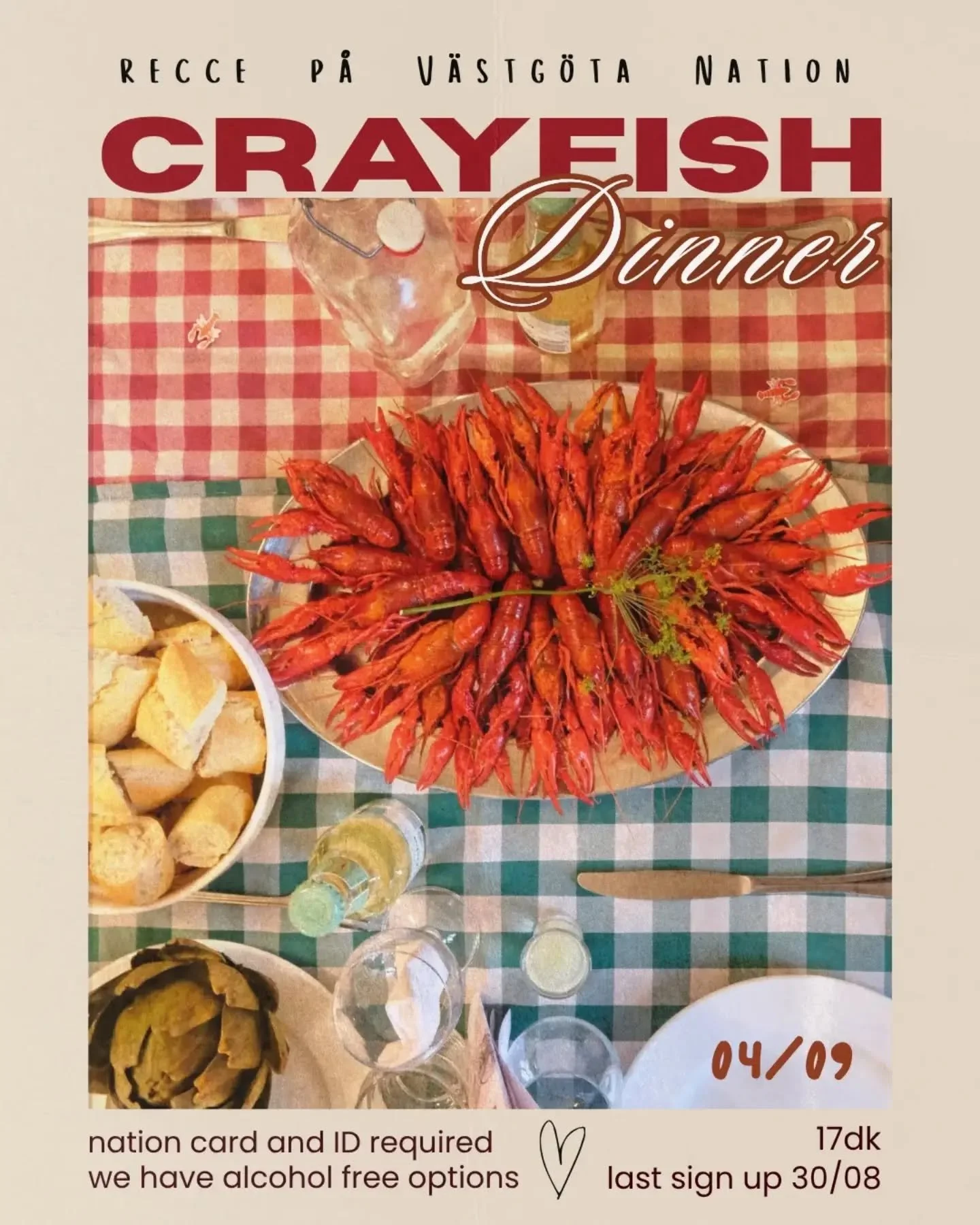 Hej all international students! 
It's time for the first dinner of the semester: a traditional Swedish crayfish party! 
See you the 4th of September for tasty food (crayfish or vegetarian), songs, entertainment and an amazing evening. The whole dinne