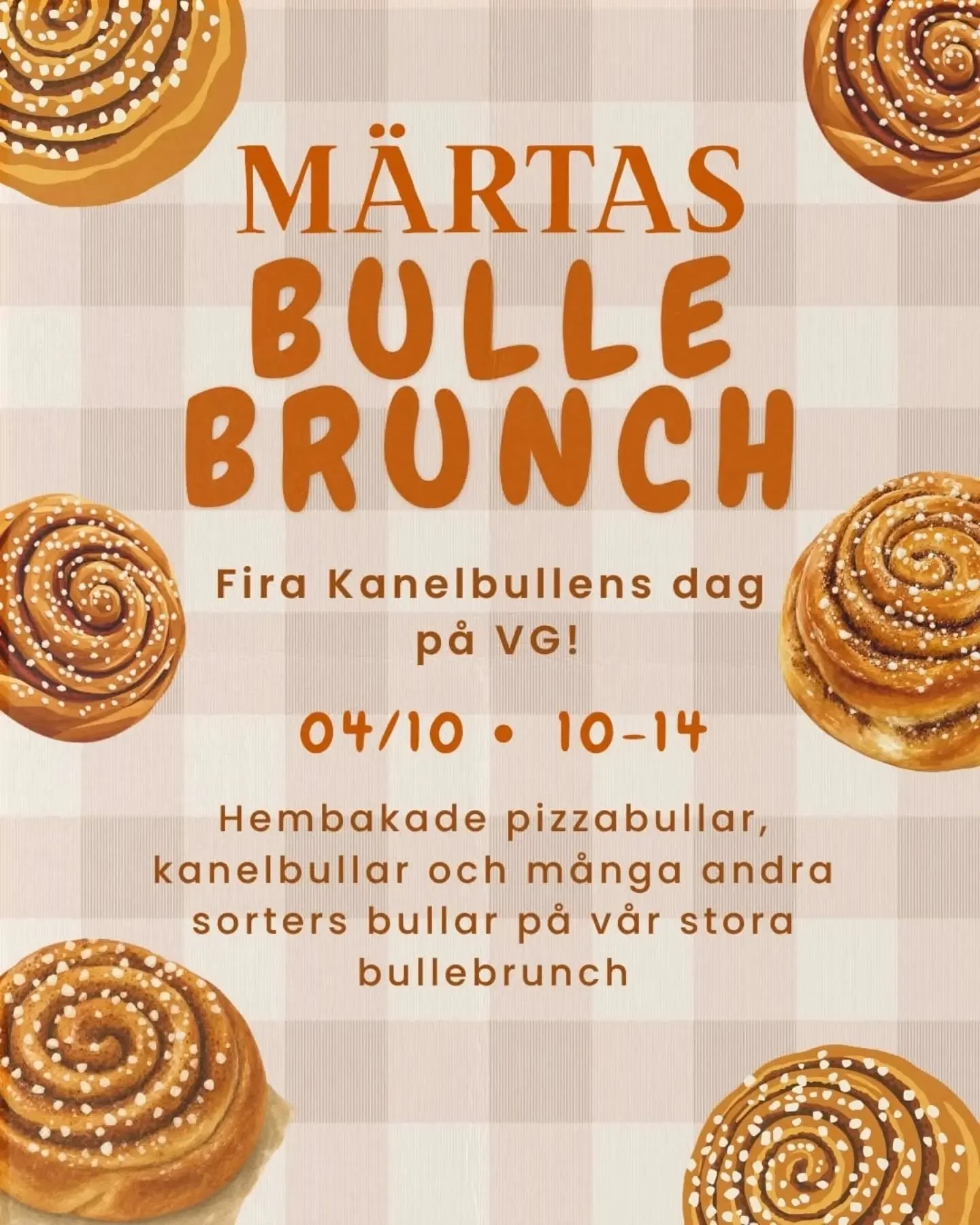 This Sunday, we&rsquo;re celebrating Cinnamon Bun Day with a special Bun Brunch!

Come enjoy homemade pizza buns, classic cinnamon buns, and plenty of other delicious buns. A perfect Sunday brunch for all bun lovers!
