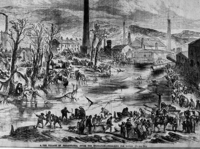 An artist's impression of people desperately searching the waters for survivors in the Philadelphia area of Sheffield. PIC: SHEFFIELD TELEGRAPH