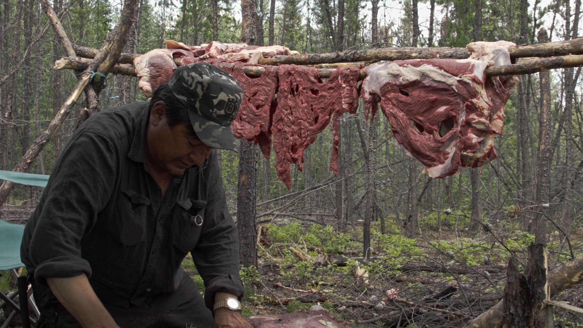  Freddie Throassie hangs moose meat to dry. 