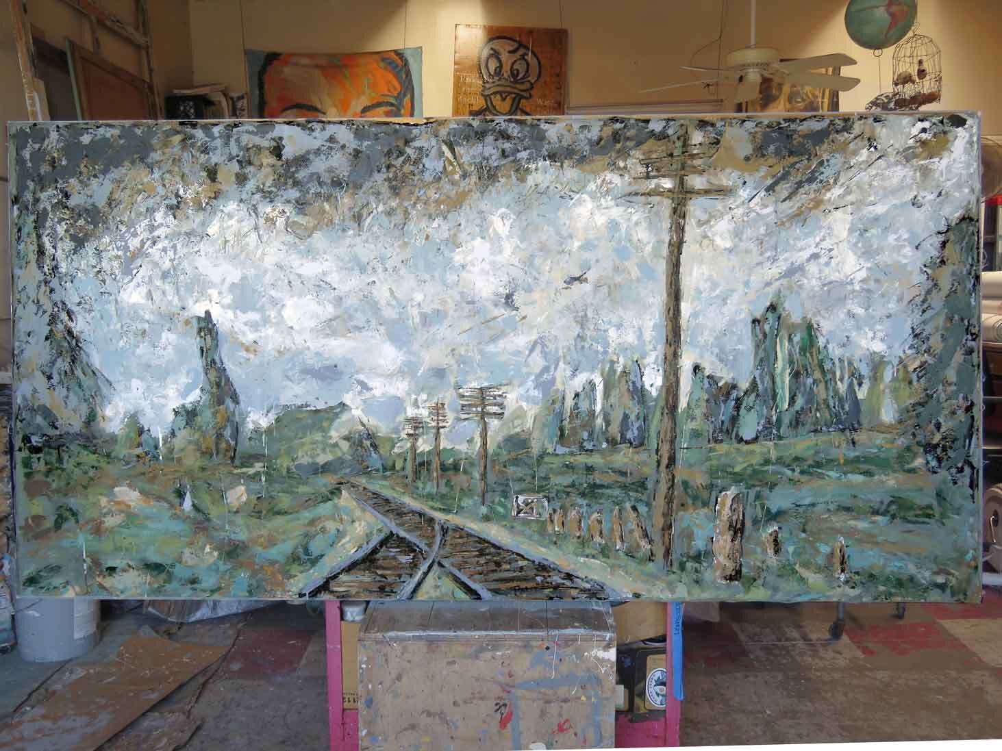 Railway 4 ft by 8 ft, acrylic on unstretched canvas