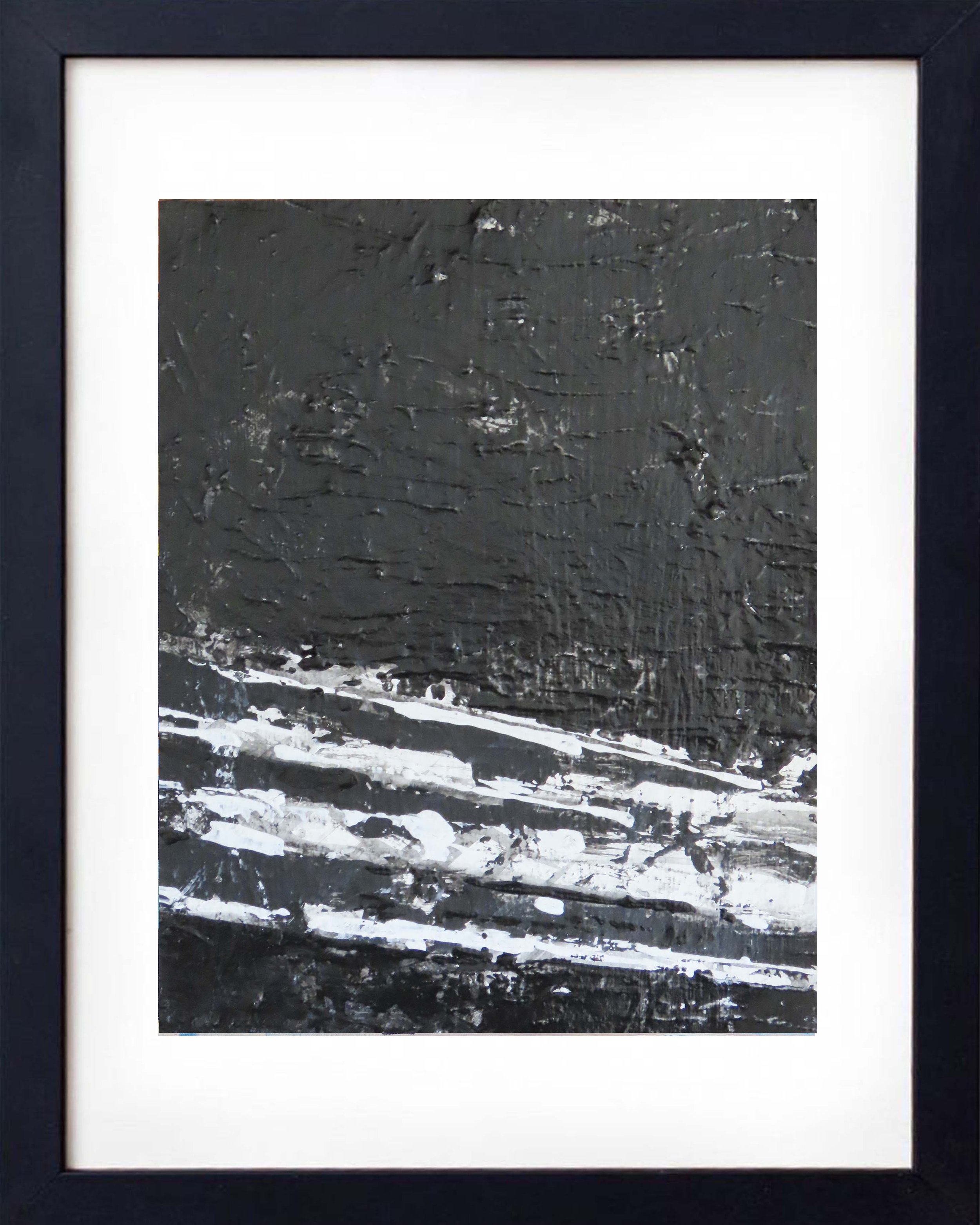 “Flukes” painting capturing contrasting lines and rough textures in monochrome.