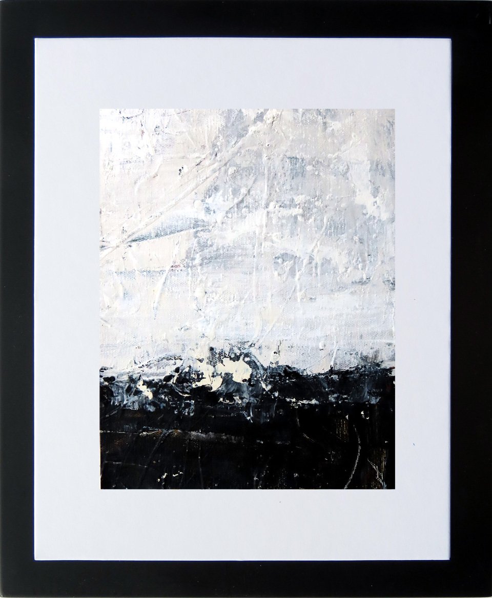 Abstract painting capturing the dynamic energy of a river’s edge, blending heavy textures and bold contrasts.