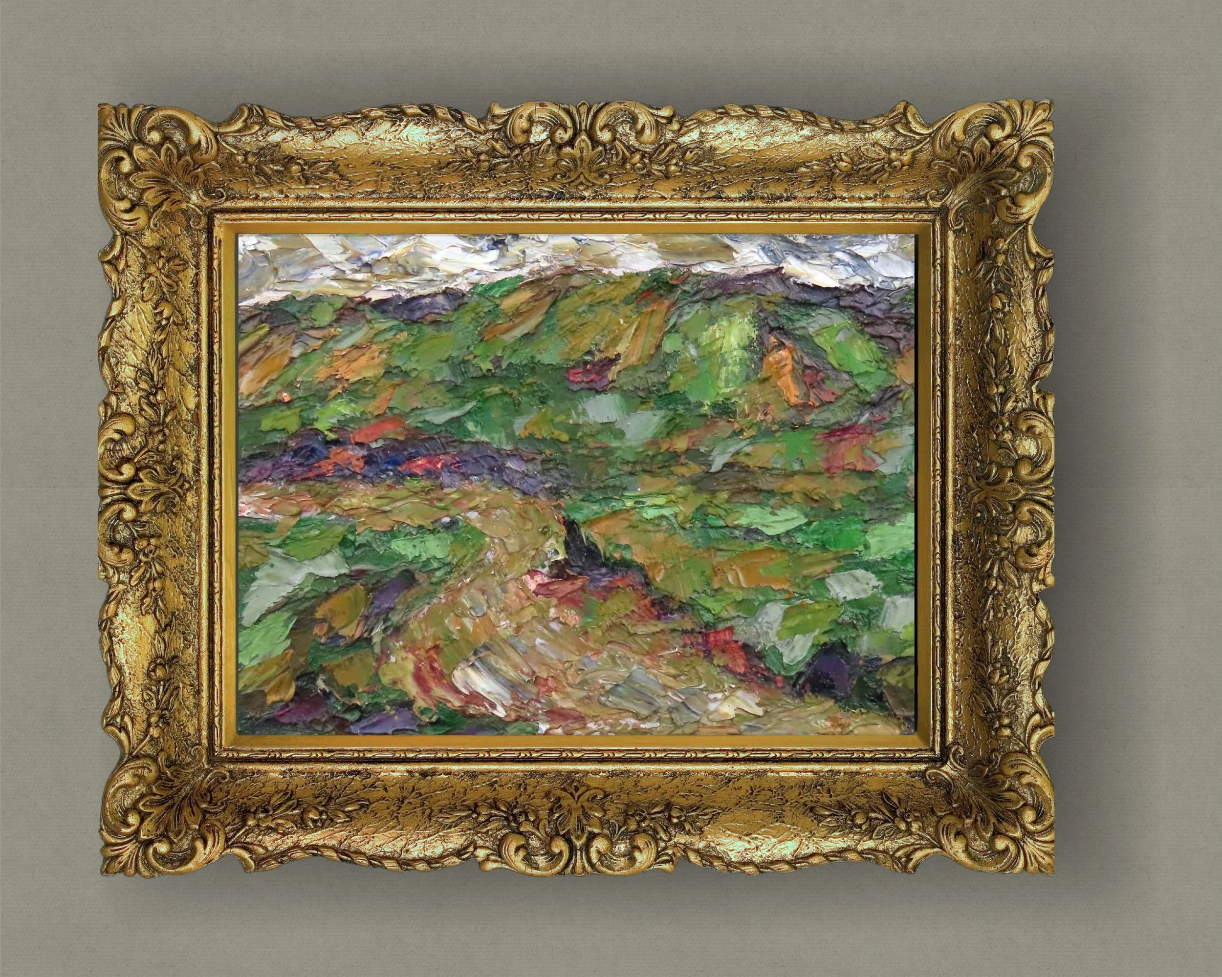 Abstract landscape painting 'Another Year Gone By' featuring textured impasto technique with vibrant greens, purples, and earthy tones creating rolling hills beneath white cloud-like formations
