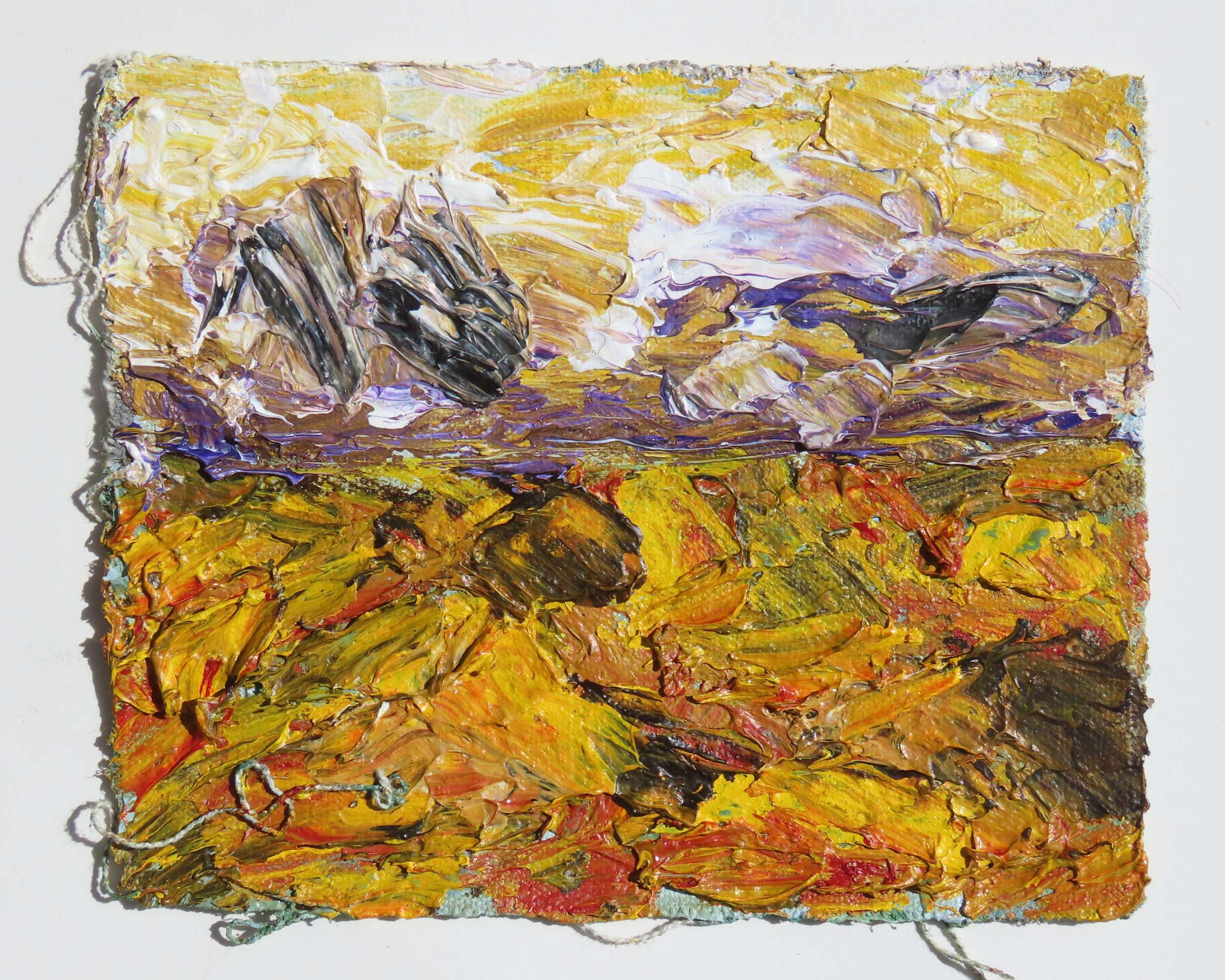 Abstract expressionist landscape titled showing golden autumn fields contrasted with purple mountains, with by bold brushstrokes