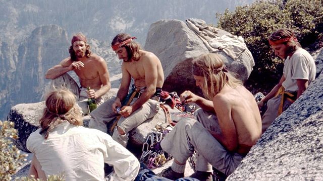 The men who brought Rock and Roll to Rock Climbing in the 70's, The Stonemasters...roll it up! (Bard (back to camera), Jim Bridwell, Fred East, Billy Westbay, and Jay Fisk on top of El Capitan after a weeklong climb) photo: Werner Braun, https://www.