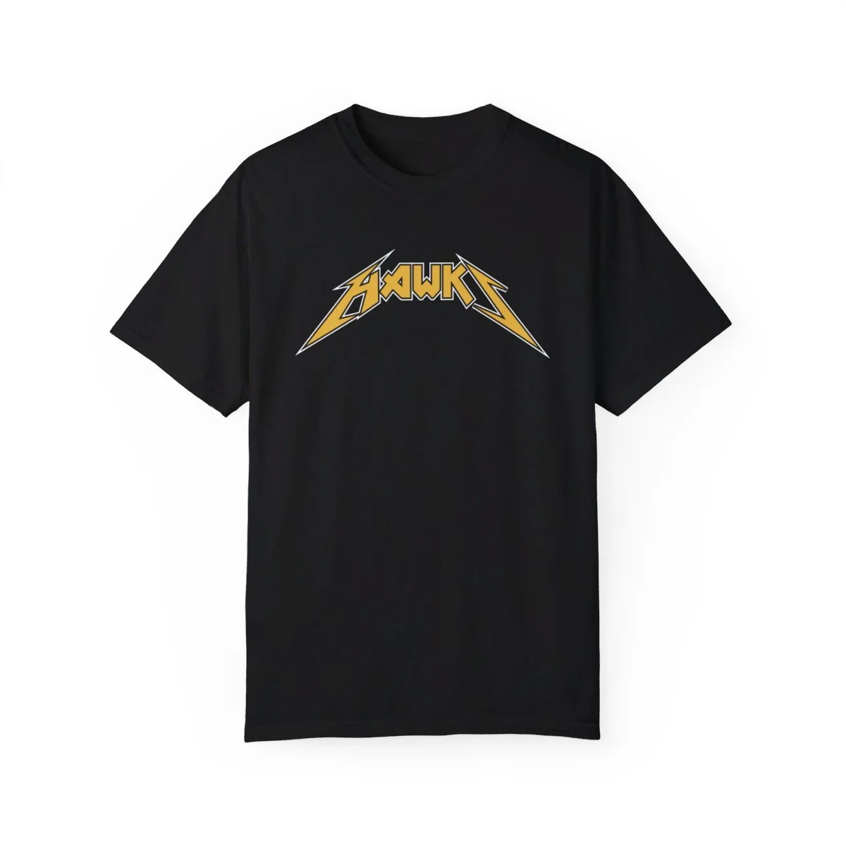Hawks Rocker Unisex Black Garment-Dyed Comfort Colors T-shirt with Gold and White Ink