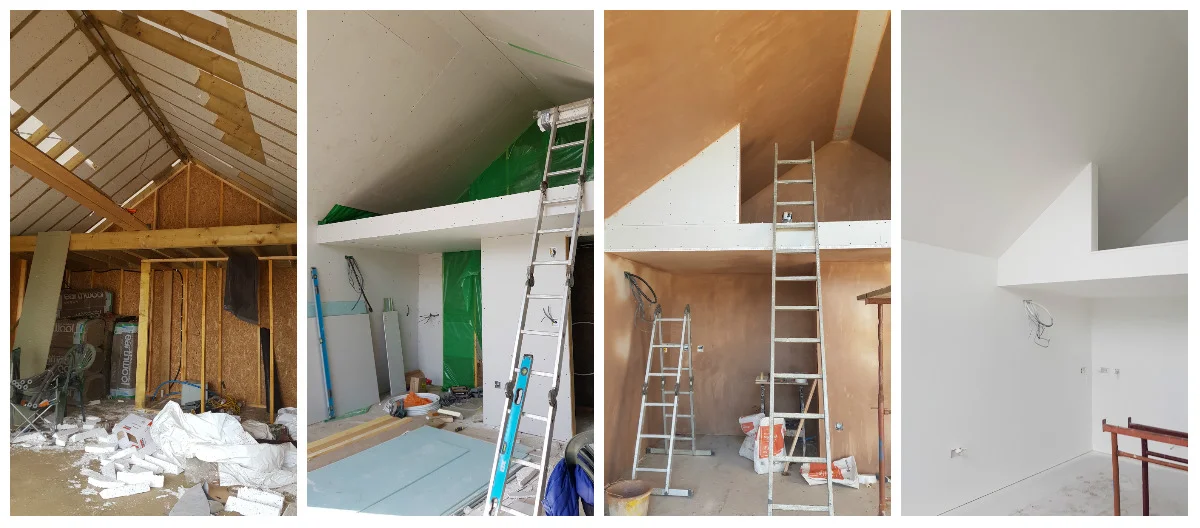 L-R: Insulating the walls and roof; plasterboard; plaster and storage sections on the mezzanine; paint!