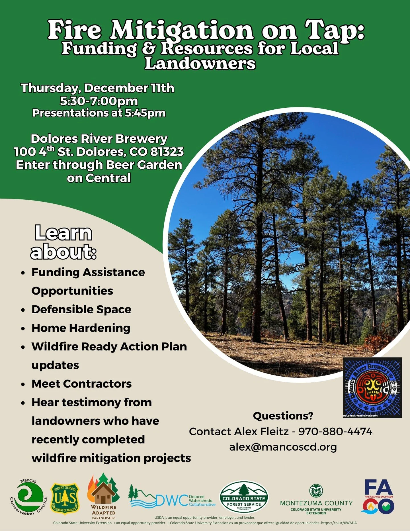 Join Us!!! 

Thursday, December 11th, from 5:30-7pm for an event at Dolores River Brewery 100 4th St., Dolores, CO 81323

Be sure to catch these short presentations from 5:30-6pm:
-WAP
-the Mancos Conservation District
-the Dolores Watershed Collecti