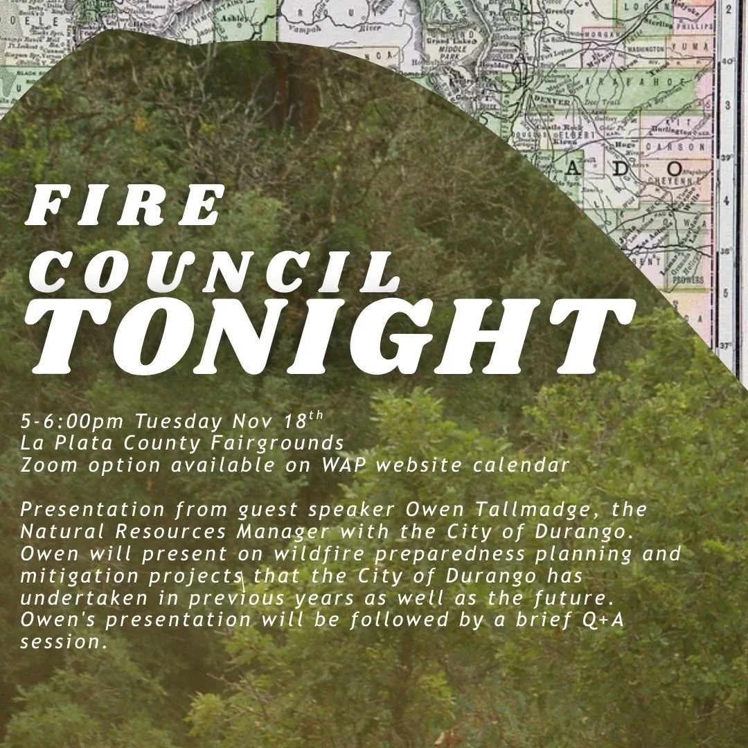 Join us tonight at the La Plata County Fairgrounds for a presentation by Owen Tallmadge, the Natural Resources Manager with the City of Durango

You can register at the link below:

https://www.wildfireadapted.org/calendar
