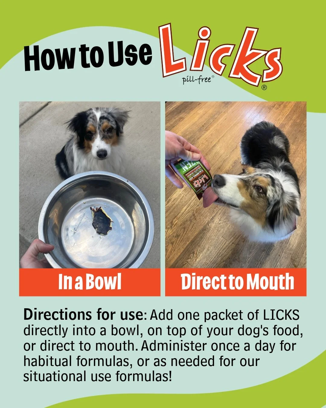 Simplify your pet's mealtime with Licks!

Say goodbye to stressful pill routines! 🐾 Licks Pill-Free gel packets are perfectly portioned for single doses, making mealtime a breeze. Whether added to a bowl, mixed with food, or given straight from the 