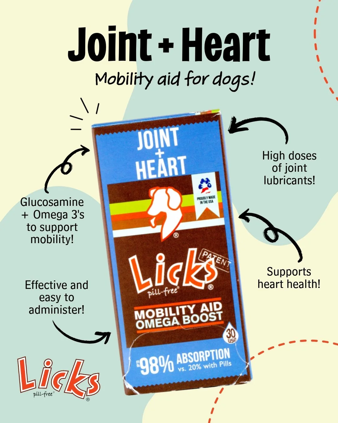 Unlock the joy of movement with LICKS&reg; Mobility Formula! 🌟 

Say goodbye to discomfort and joint stiffness, and hello to a more active lifestyle! Packed with essential ingredients like MSM, Omega 3&rsquo;s, and Vitamin E, this heart and joint fo
