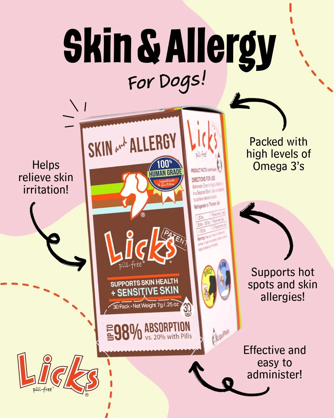 Say goodbye to itchy days! 🐾

Packed with high levels of Omega 3&rsquo;s, Licks Pill-Free&rsquo;s Skin &amp; Allergy formula works from the inside out to keep your pup&rsquo;s skin moisturized and healthy. Specially designed for sensitive skin, it t