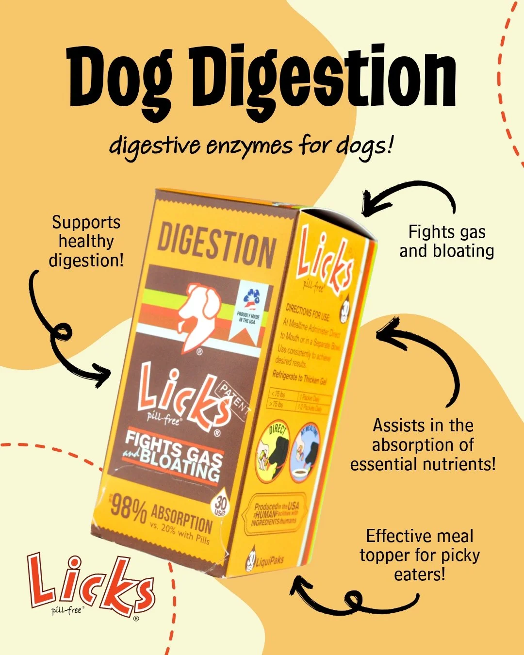 Support your pup's gut health!

Keep your furry friend happy and healthy with LICKS Digestion! 🐶 Packed with digestive enzymes, it supports gut health, fights gas and bloating, and helps absorb essential nutrients. Simply add 1 packet to their meal 
