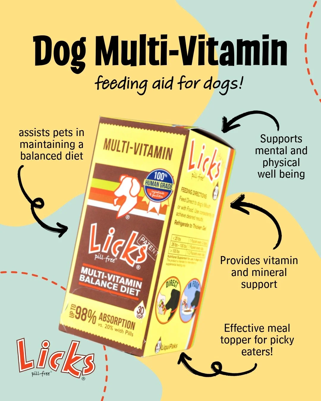 Balanced nutrition made easy!

Say goodbye to picky eaters and hello to happy, healthy pets! 🐾 LICKS&reg; Multi-Vitamin is here to help puppies, kittens, and older pets meet their nutritional needs. Simply add 1 packet to their food or serve directl