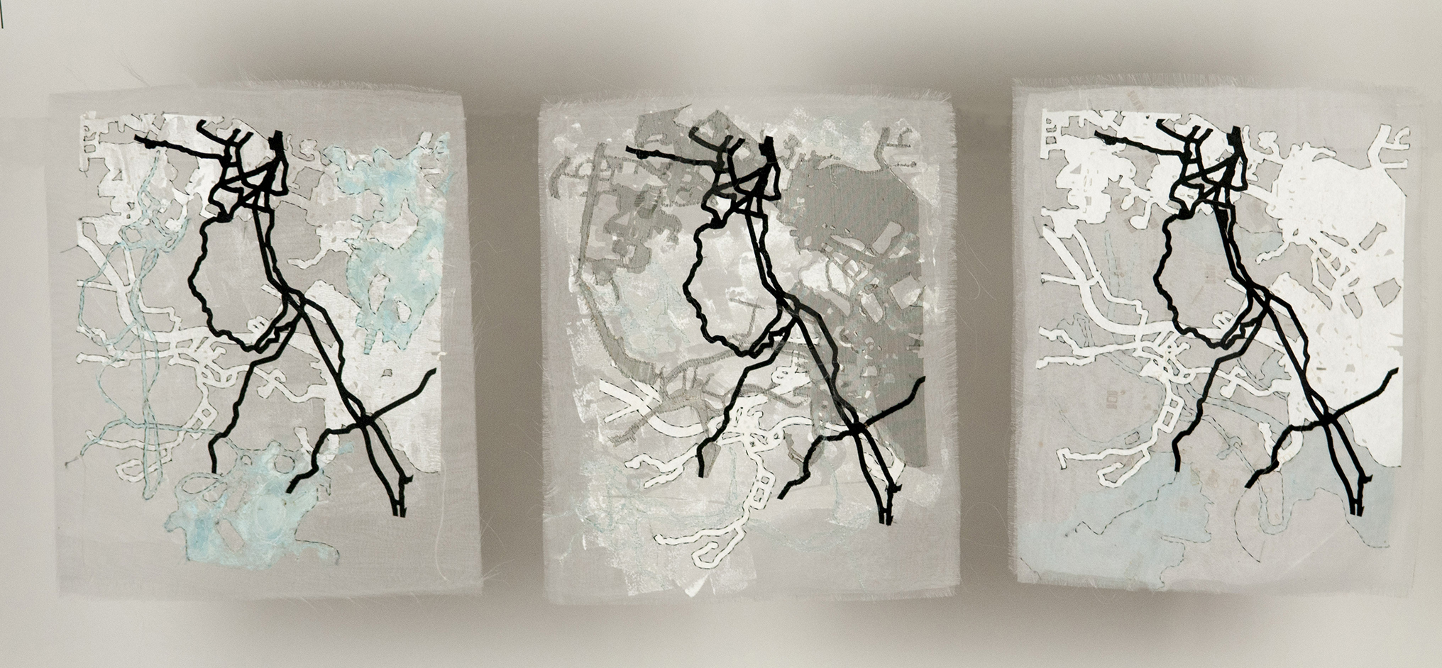 Map Fragments © – Triptych, Each is 9” w x 11” tall  2018