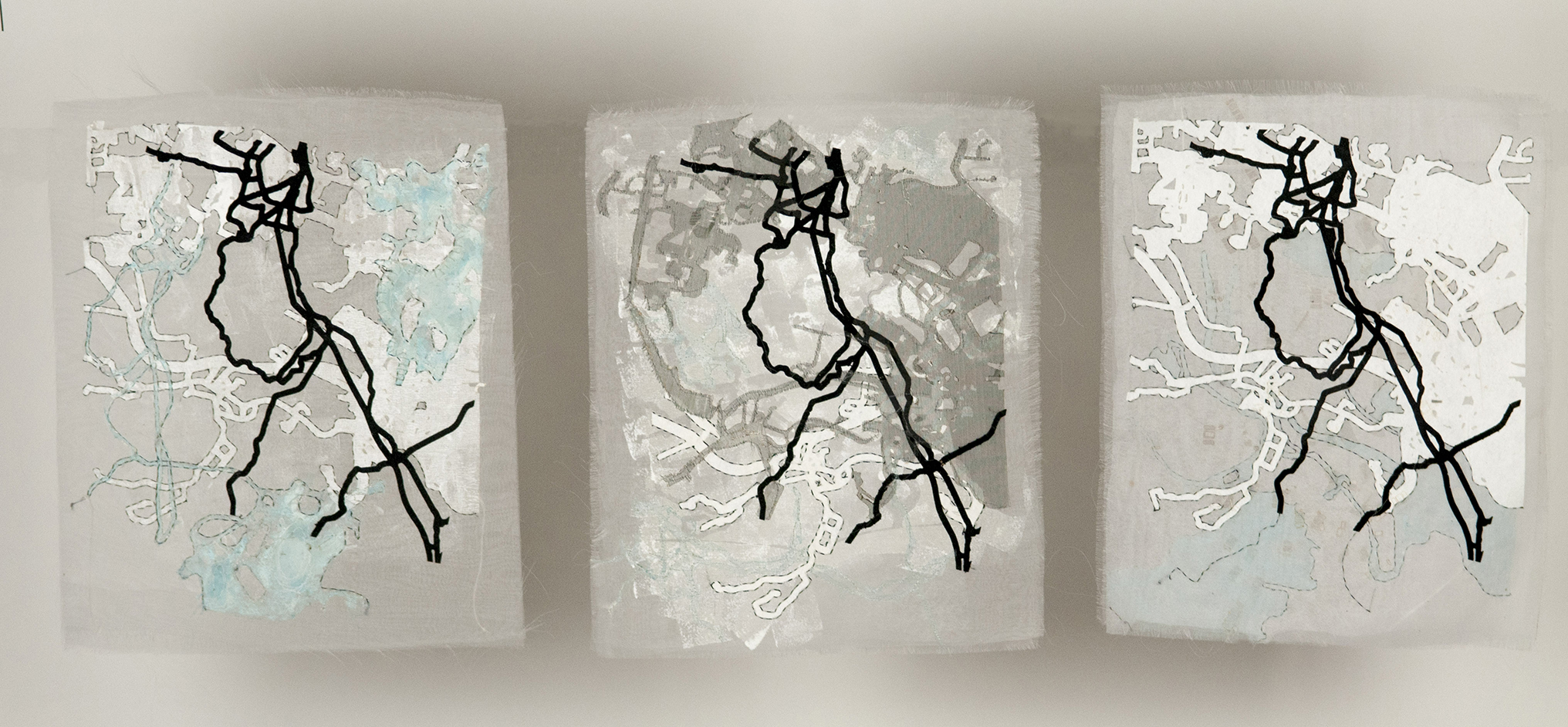 Map Fragments © – Triptych, Each is 9” w x 11” tall 2018