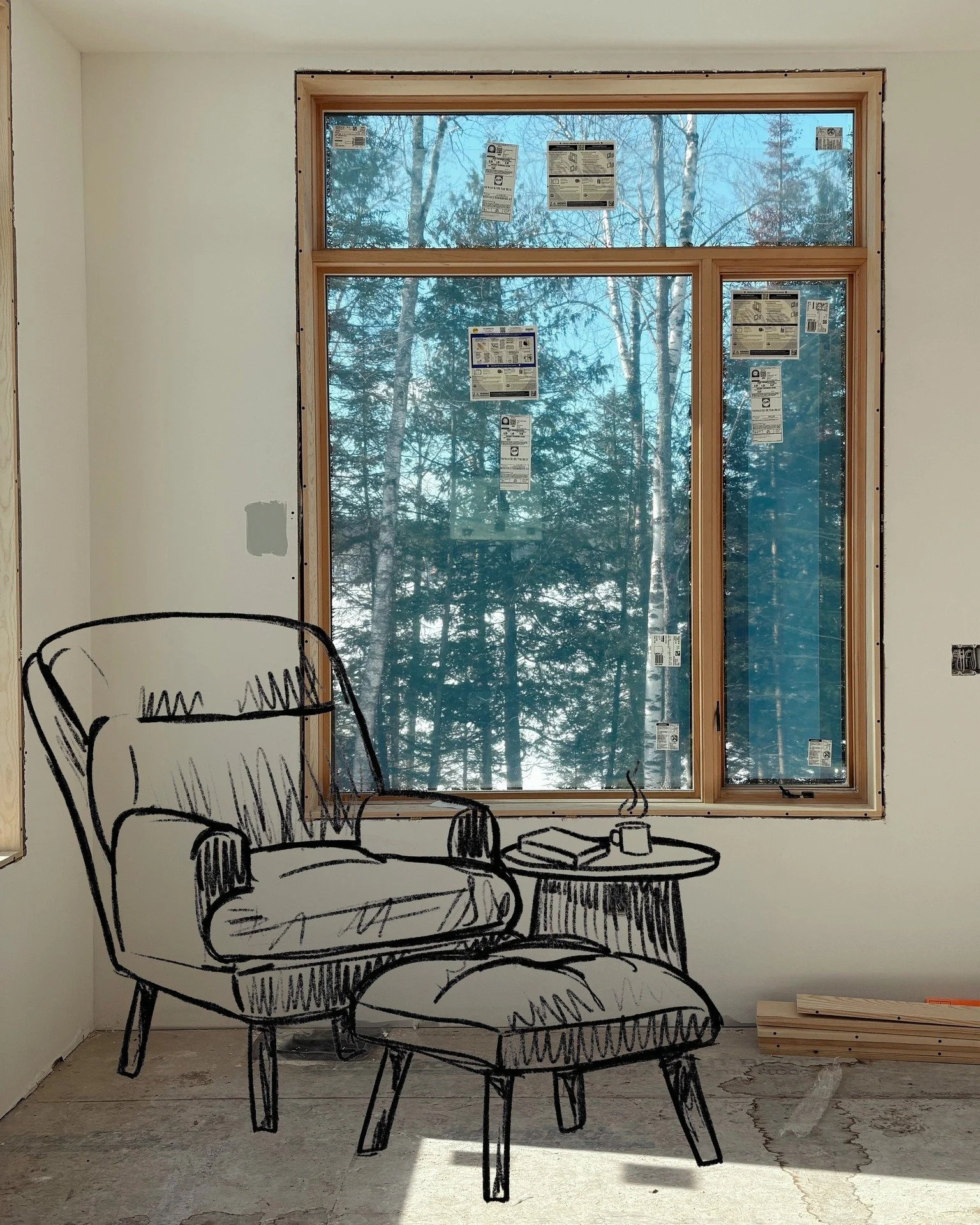 A quiet corner perhaps? 

How would you use this space?

 #sauterbuilders #energyefficienthome #inprogress #pellawindows #custombuilthome #boulderjunctionwi